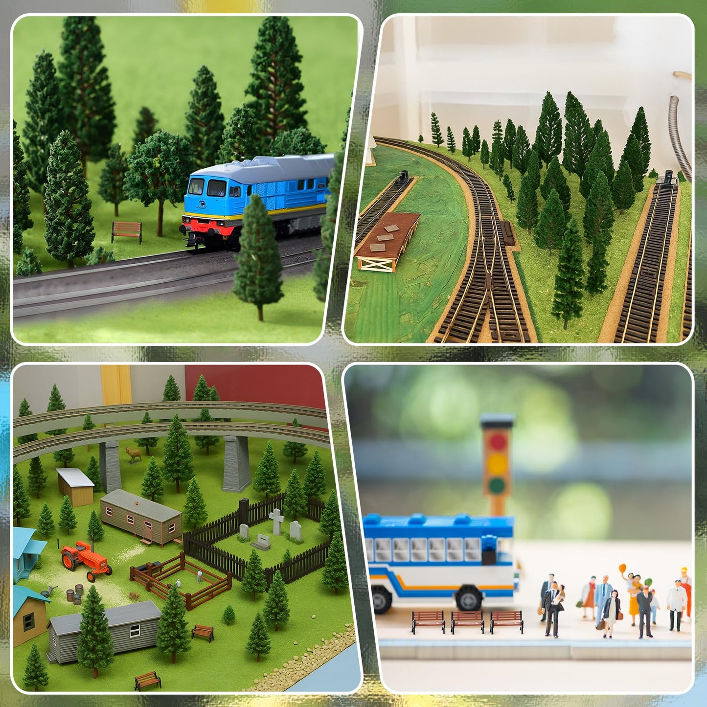 Soulchen 30 Pieces Model Trees 3.3-6.3 Inch Mixed Mini Trees Diorama Supplies Model Grass Mat Mini People Figurines Benches Ho Scale Accessories for Projects Train Scenery Landscape DIY Crafts