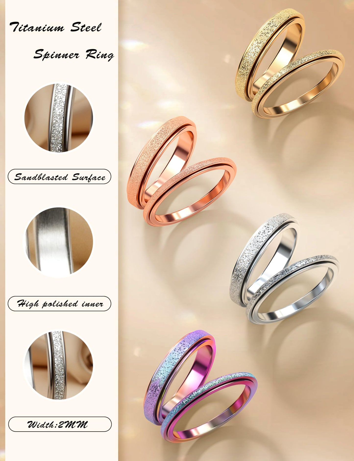 Diamday Fidget Rings for Women Men - 2mm Silver Spinner Stainless Steel Ring for Anxiety Stress Relief Glitter Sandblast Spinning Figit Anxiety Jewelry for Wedding Promise Size 8