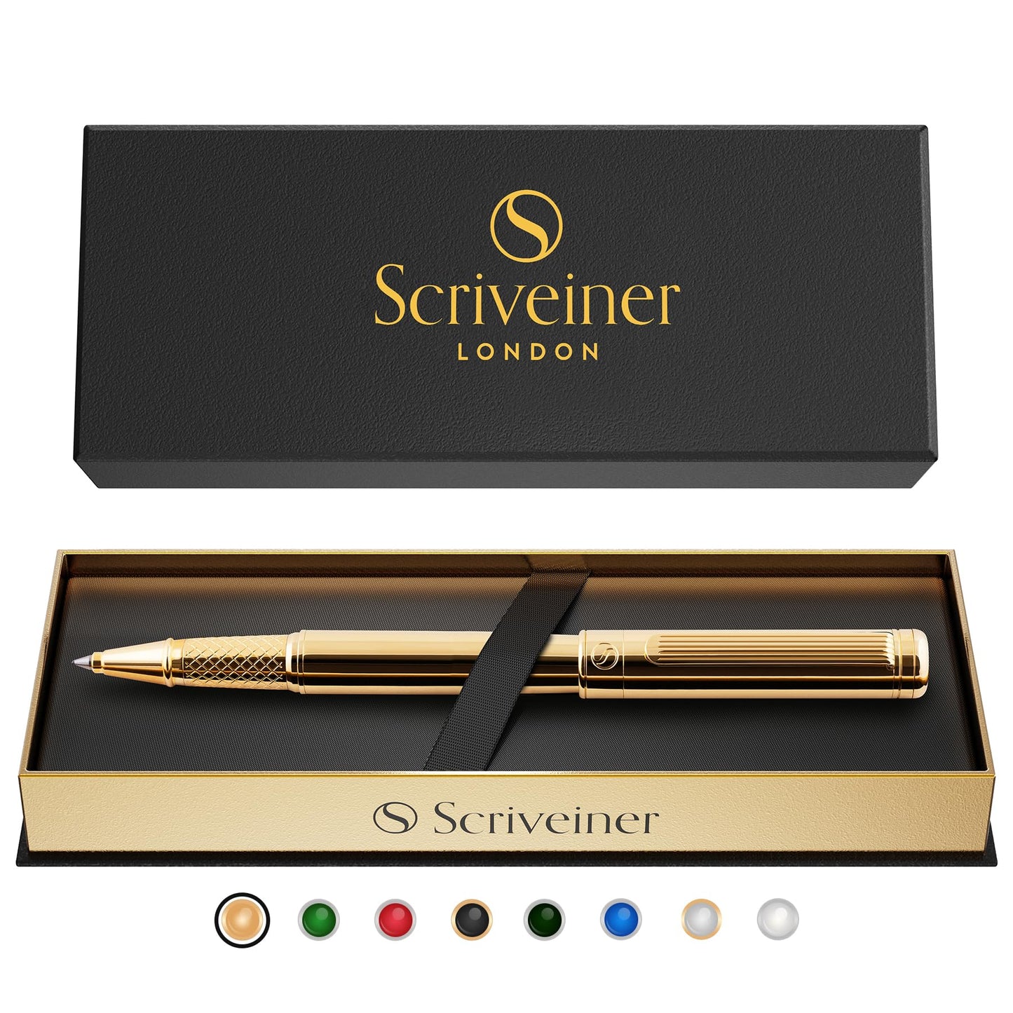 Scriveiner Gold Rollerball Pen - Stunning Luxury Pen, Real Gold Plating, Schmidt Ink Refill, Best Roller Ball Pen Gift Set for Men & Women, Professional, Executive Office, Nice Pens