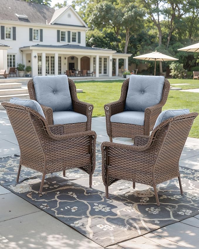Patio Wicker Chairs Outdoor Furniture Chair - Set of 4 Outside All Weather Lawn Dining Brown Rattan Armchair with High Back&Deep Seating for Deck Porch Balcony Backyard Garden - Baby Blue