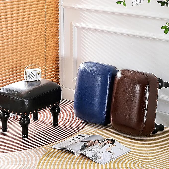 Ottoman Leather Foot Rest with Thicker Foam Padded Seat, Footstool with Wooden Legs (Brown)