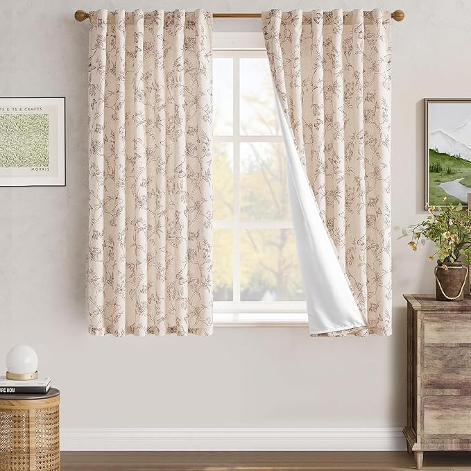 jinchan Floral Curtains Lined Linen Blend Curtain for Living Room 63 Inch Length Taupe Farmhouse Flower Patterned Curtain French Country Curtains Drapes Back Tab Rod Pocket 2 Panels