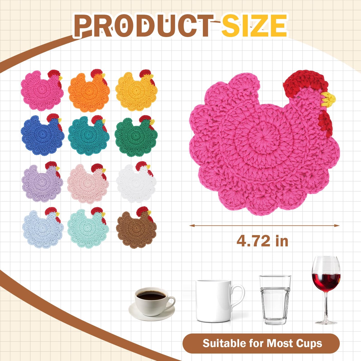 KHEIPHIR Chicken Coasters Set of 4, Handmade Crochet Chicken Decor for Desk, Cute Animal Drink Coasters, Funny Chicken Gifts for Women Style A