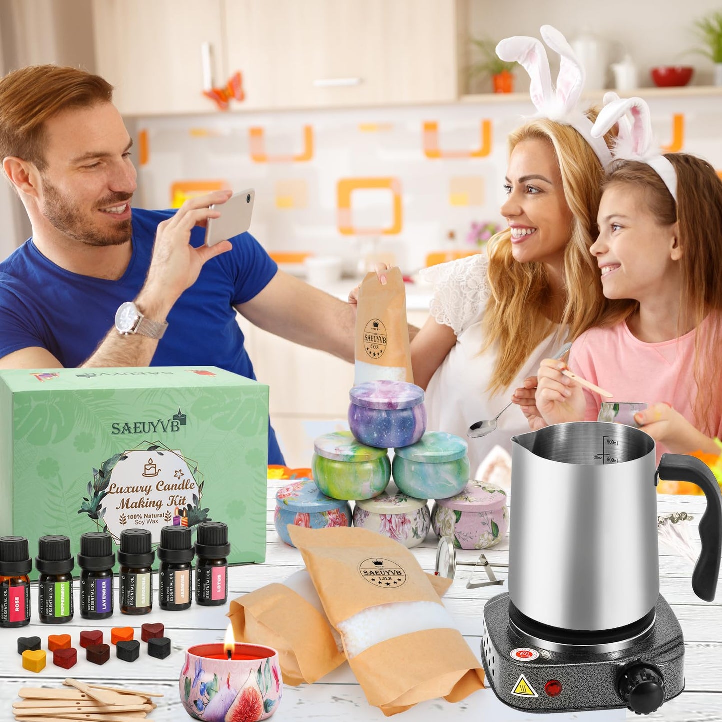 SAEUYVB Candle Making Kit with Wax Melter, Candle Making Kit for Adults, Candle Kit - DIY Starter Soy Candle Making Kit - Perfect as Home Decorations