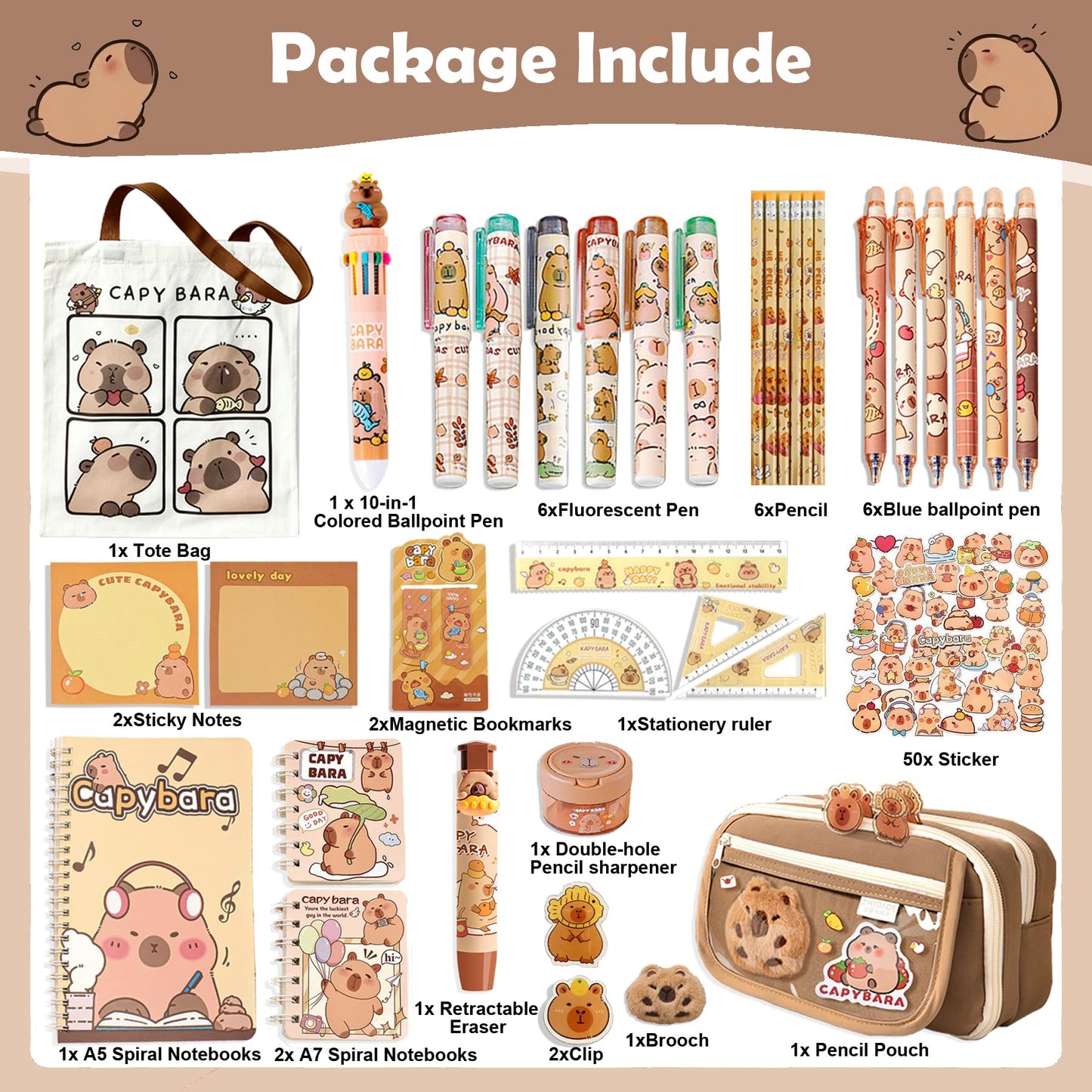 DHUENIOPE Capybara Gifts with Capybara Themed Tote Bag and Stationery Set Pencil Case Sticky Notes Ballpoint Pens Spiral Notebooks Sharpener, Highlighters, Ruler, Eraser for Rewards Birthdays Gift