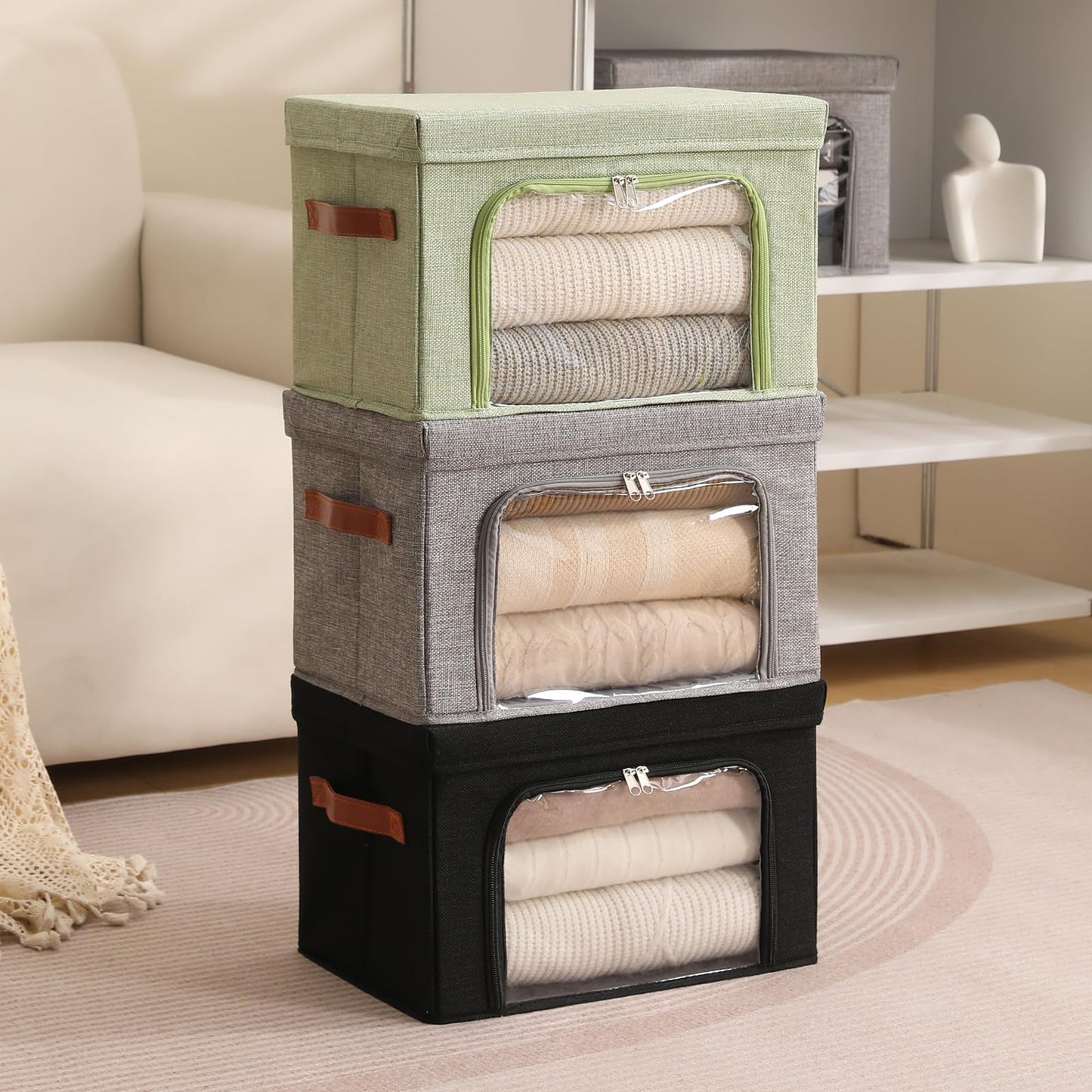 LOLUVIZCO 2PCS Large Storage Bins Boxes with Lids Clear Window Zipper Closure Decorative Cotton Linen Fabric Baskets with PU Leather Handles PP Board Collapsible Shelf Closet Organizer (Light Green)