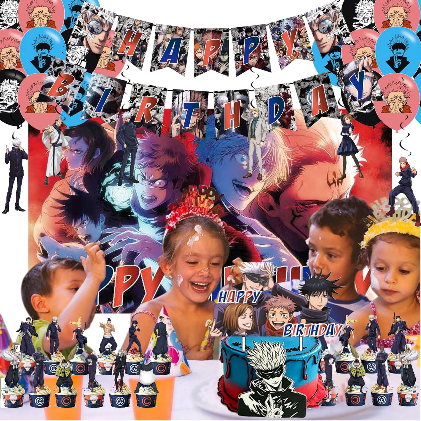 animation Jujutsu theme birthday decorations, Kaisen party supplies,Including: banners,Balloon, background,cake toppers.