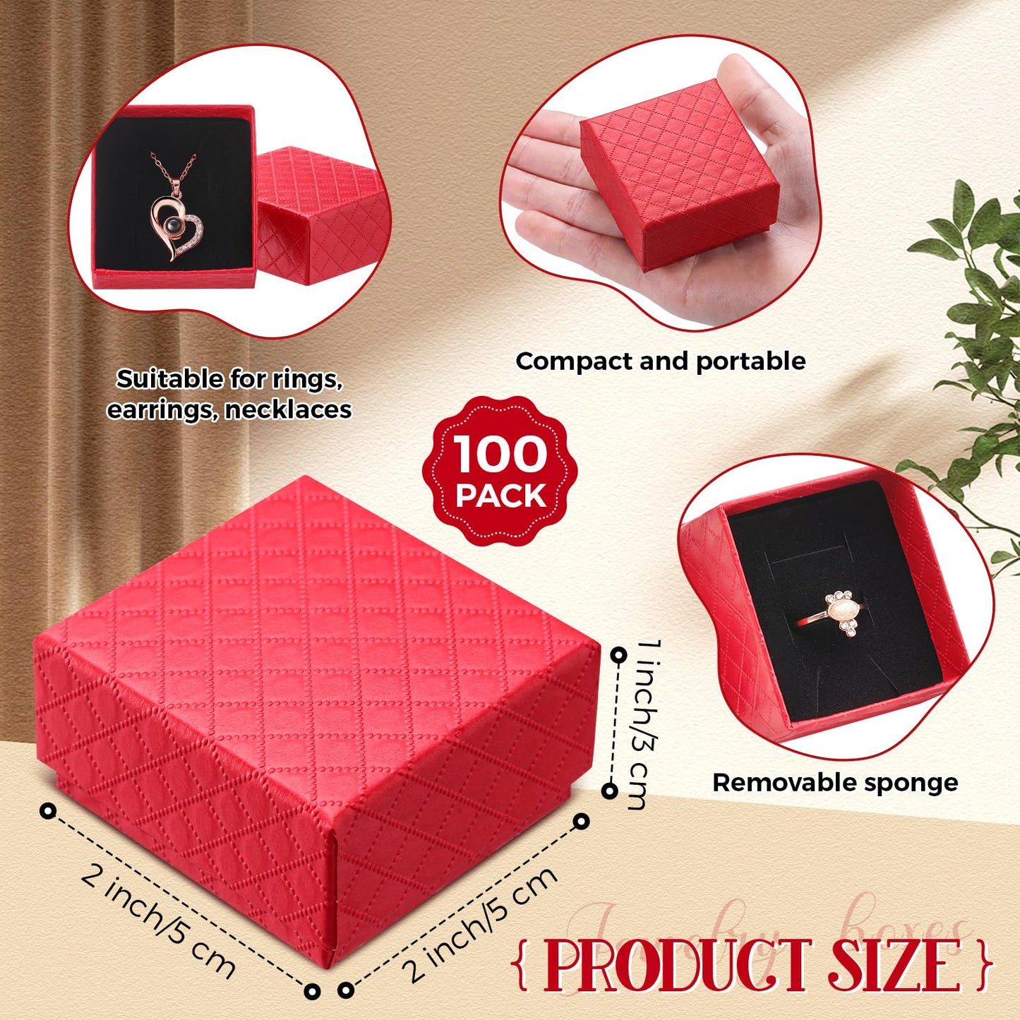Landical 100 Pcs Jewelry Ring Gift Box 2'' x 2'' x 1'' Small Cardboard Earring Ring Gift Box with Velvet and Sponge Liner Pendant Case Bulk for Necklace Bracelet Earring Display Wedding (Red)