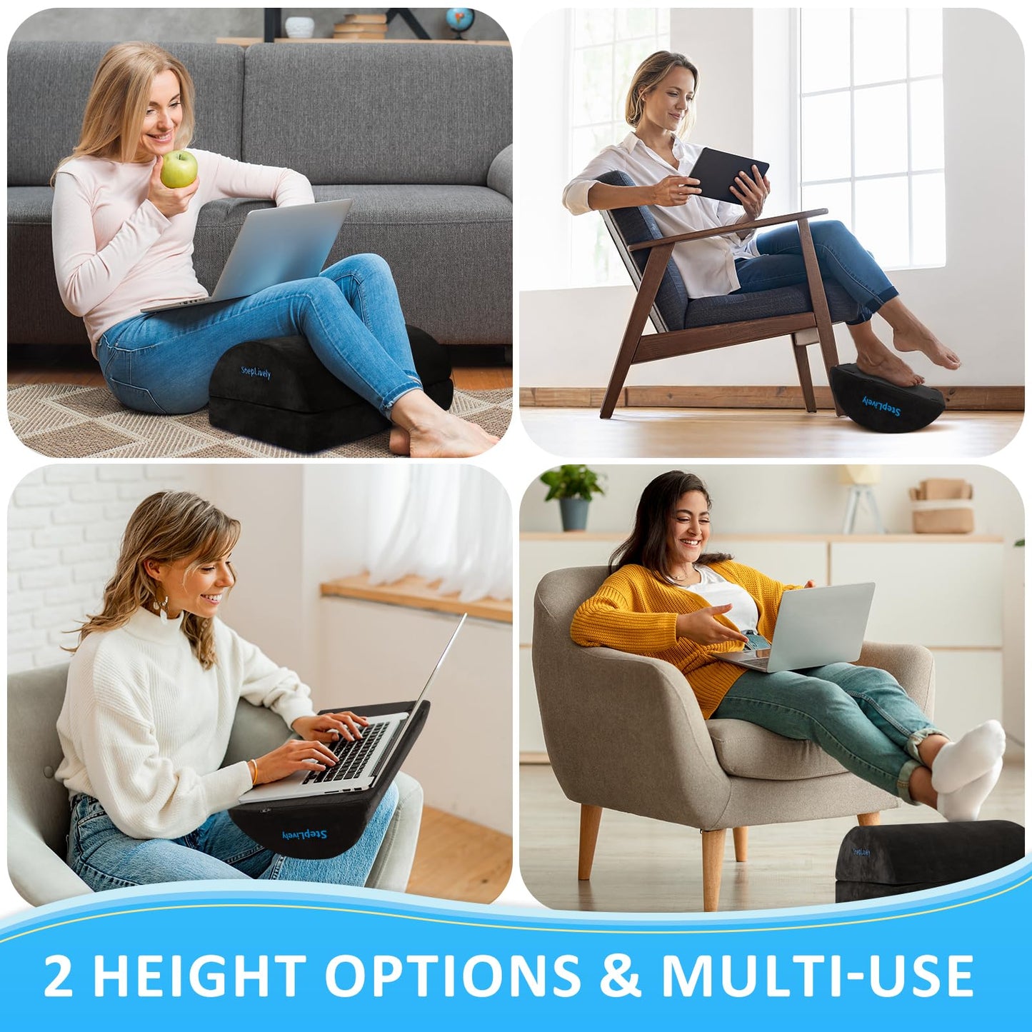 StepLively Foot Rest for Under Desk at Work, Comfortable Foot Stool with 2 Adjustable Heights, Footrest with Washable Cover, for Back & Hip Pain Relief, Suitable for Office, Home and Car (Black)