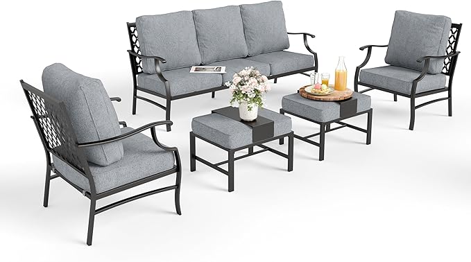 Patio Furniture Set 5 pcs, Outdoor Patio Furniture, 3-Seat Sofa, 2 Single Chairs, 2 Ottomans and 5.75" Extra Thick Cushion, Patio Conversation Set for Garden Backyard Deck,Grey
