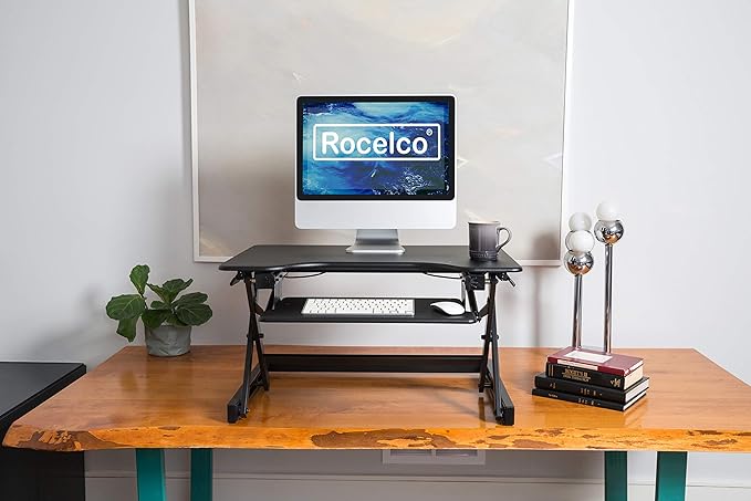 Rocelco 32" Height Adjustable Standing Desk Converter BUNDLE - Sit Stand Computer Workstation Riser with Anti Fatigue Mat - Dual Monitor Retractable Keyboard Tray Gas Spring - Black (R EADRB-MAFM)