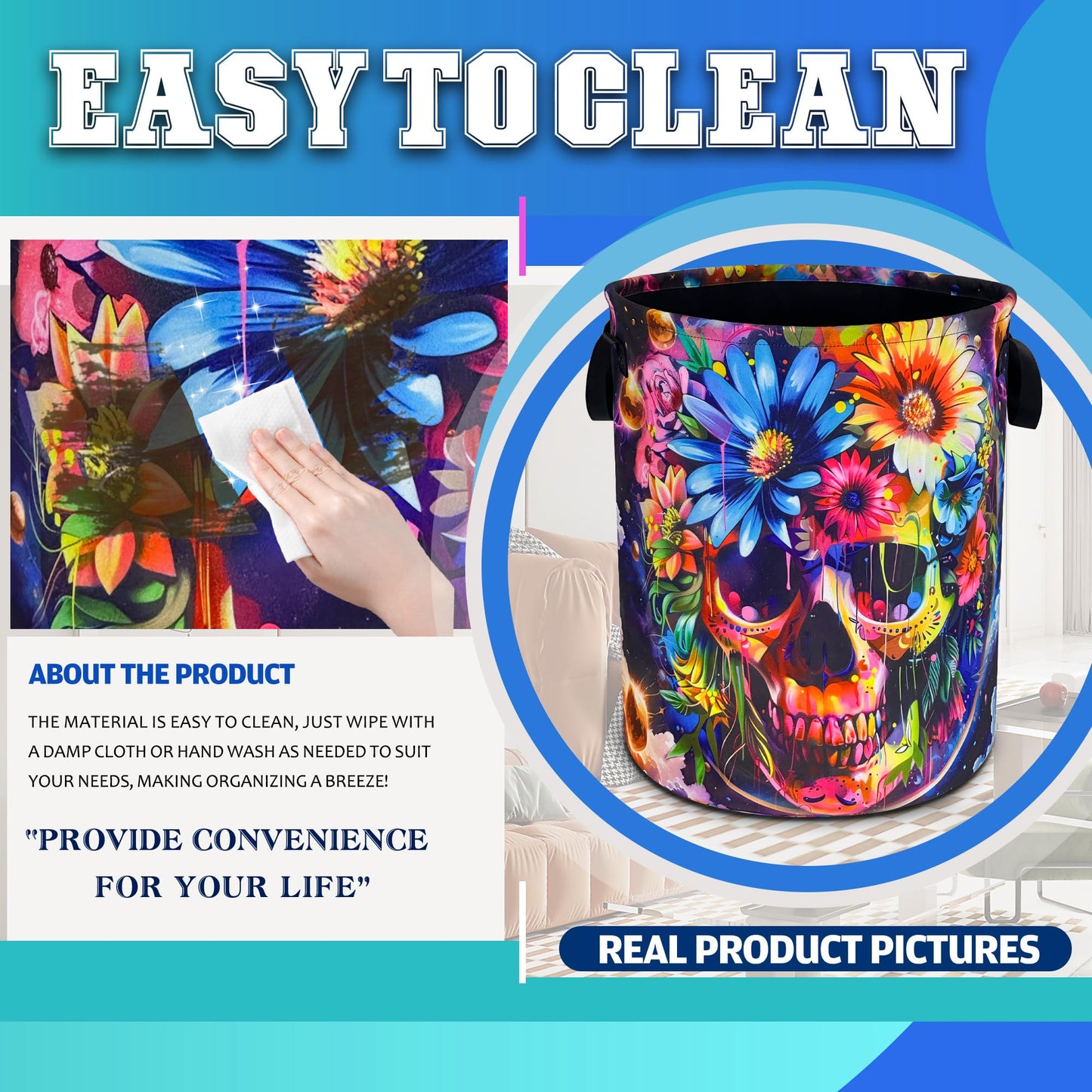 Skull Flowers Laundry Basket Oxford Cloth Funny Skeleton Laundry Hamper With Handle Foldable Portable Clothes Storage Basket 18.9 X 16.5 In Storage Bag For Laundry Room/Bathroom/Bedroom/Dormitories