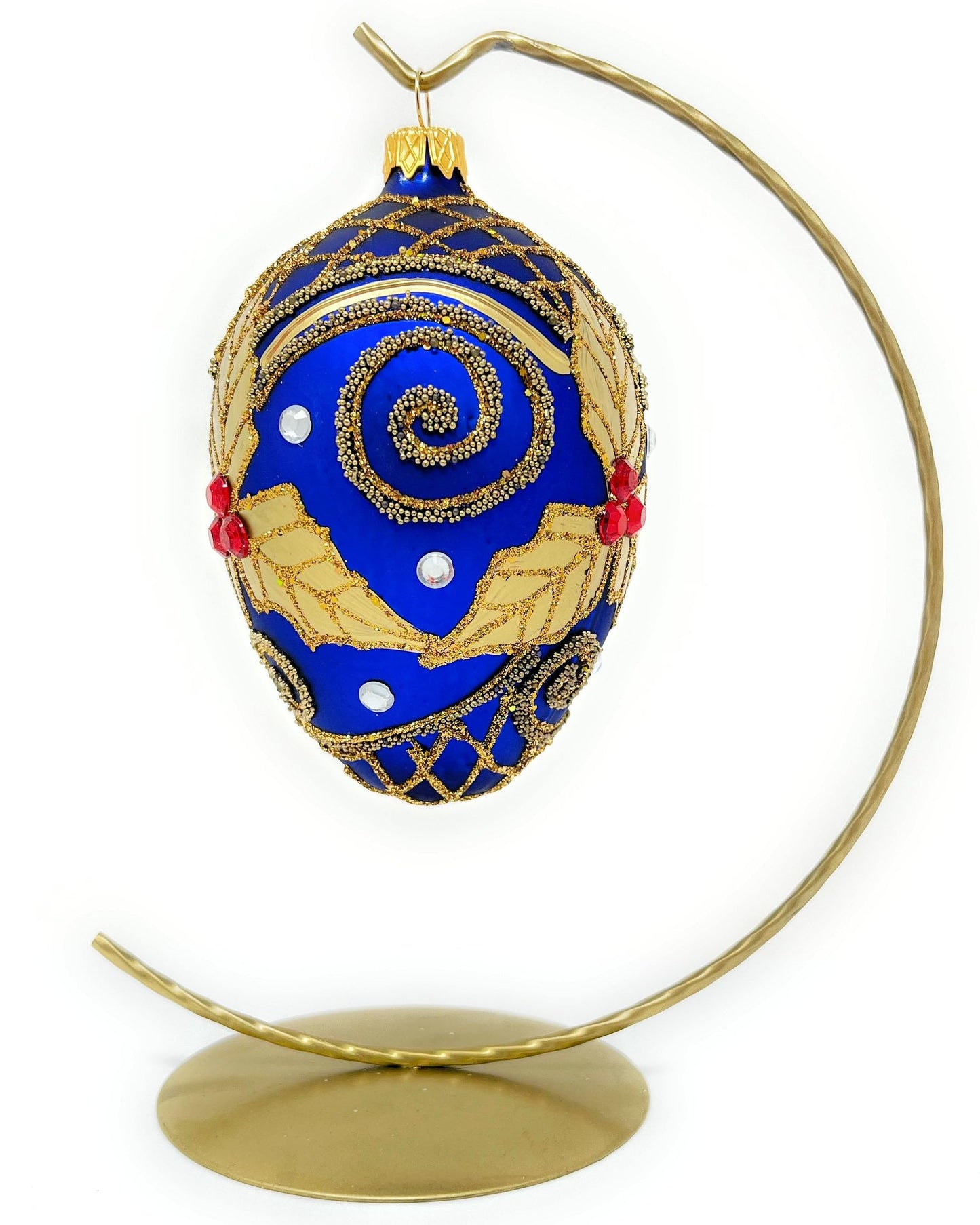 Polish Gallery Fabergé Egg 5-inch Blown Glass Christmas Tree Ornament Navy Blue with Gold Embellishments Mistletoe Leaves (Sapphire Matte)