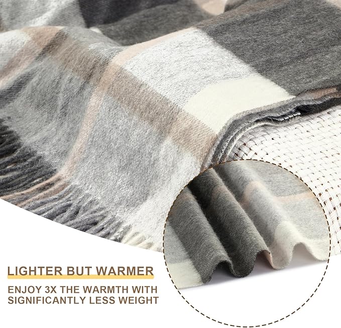 Throw Blanket Plaid with Carry Bag | Soft Wool Travel Blanket 55"x83" 1.5lbs | Gray and White Plaid Decorative Throw for Couch, Camping & Gift