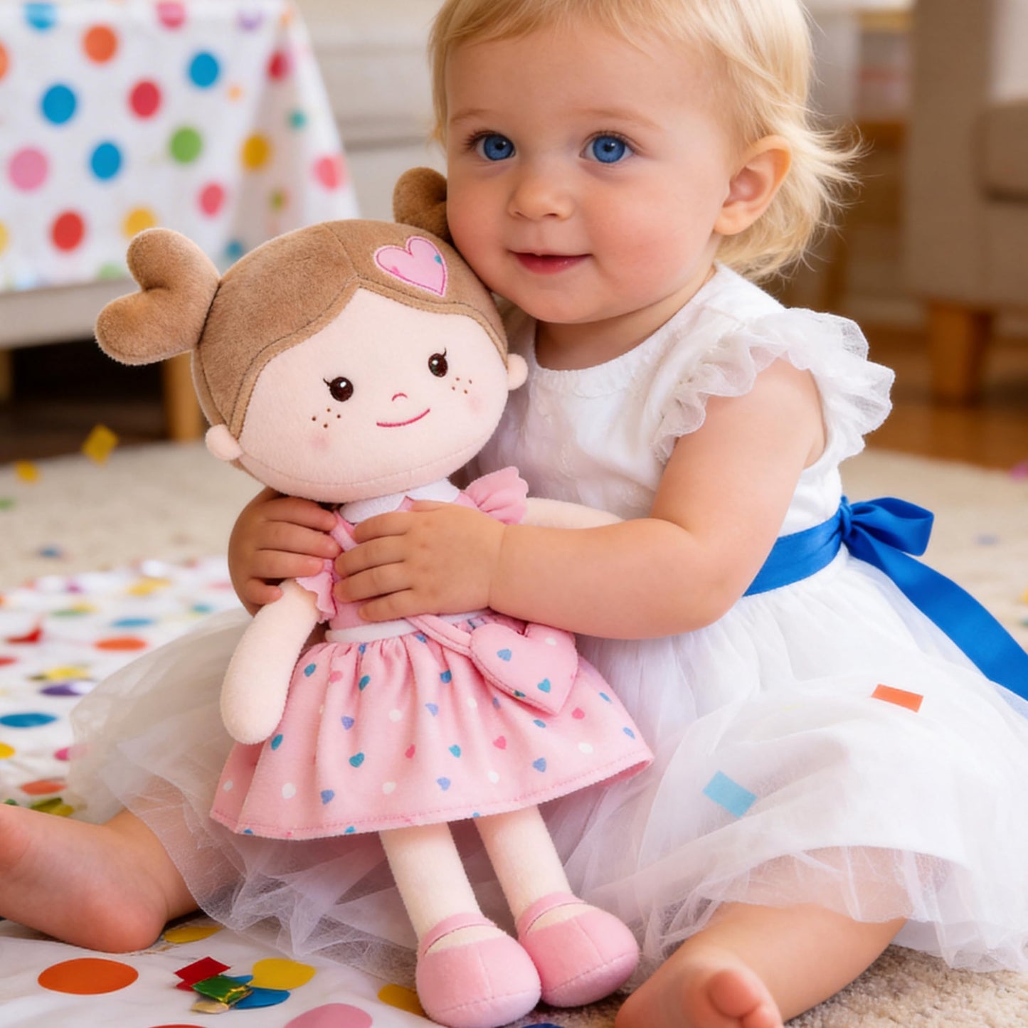 Onetoo First Baby Dolls Plush Rag Doll Soft Baby Toy Girls Sleeping Cuddle Buddy Doll Wear Pink Dress 14"