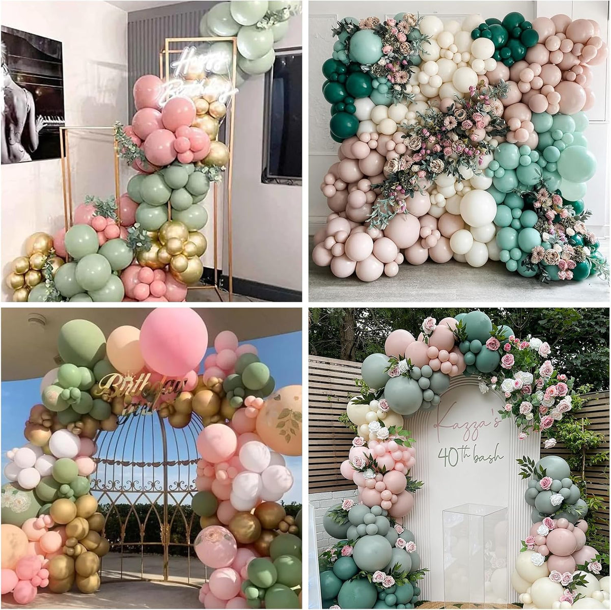 Pink and Green Balloons Retro Sage Olive Green Pink Beige Metallic Gold Confetti Latex Balloon for Easter Jungle Safari Christmas Woodland Floral Fairy Birthday Party Decorations