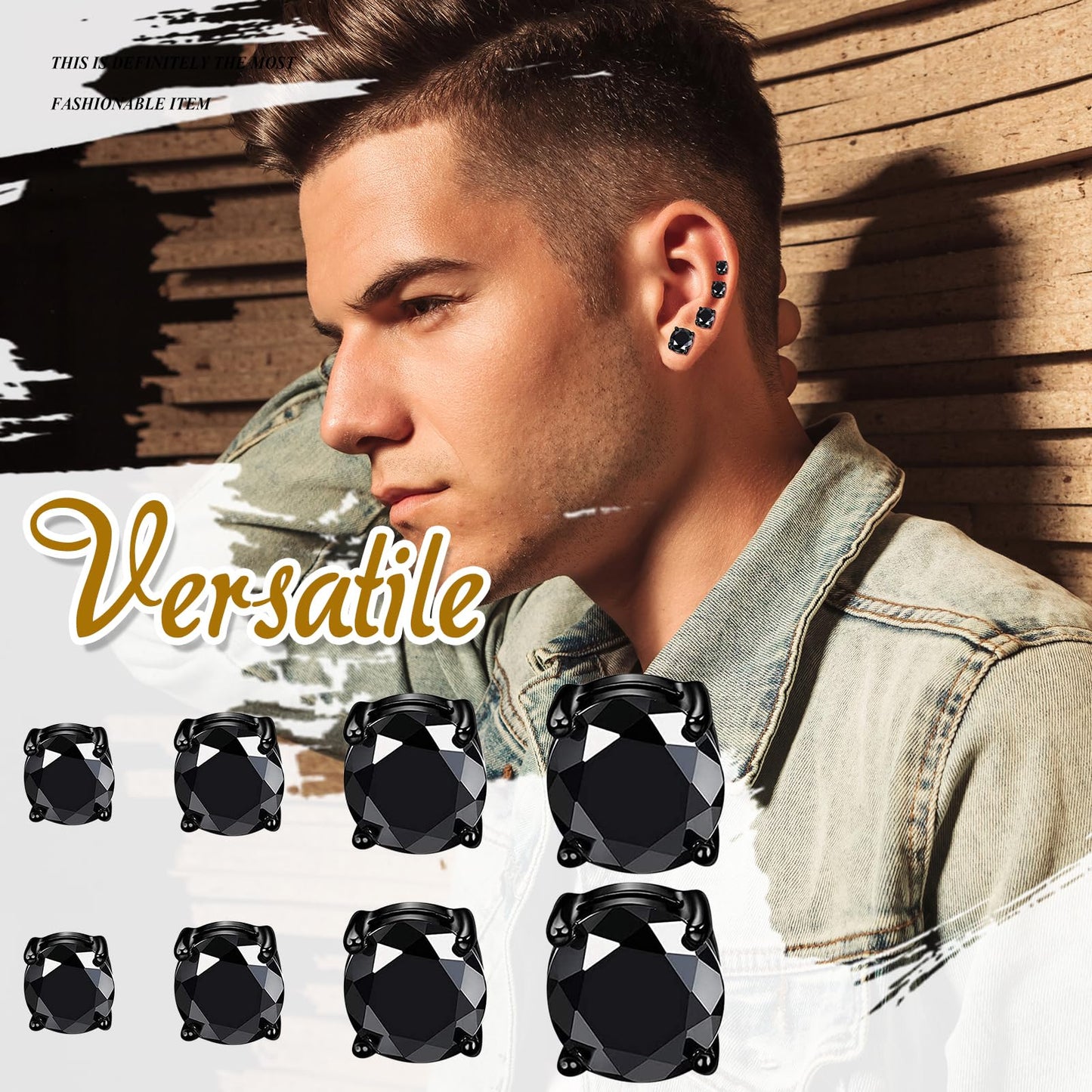 Magnetic Non-piercing Clip On Earrings: Stainless Steel 5-8mm Black CZ Inlay Round Fake Cheater Studs for Men Women, 4 Pairs