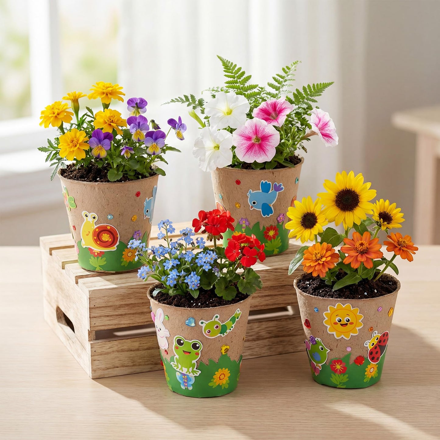Motipuns 15 Set Summer Garden Paper Pot Craft Kit Include Plant Flower Peat Pots with Domes 4 Sheet Rhinestones Jewels Stickers and Adhesive Stickers Set for Spring DIY Craft