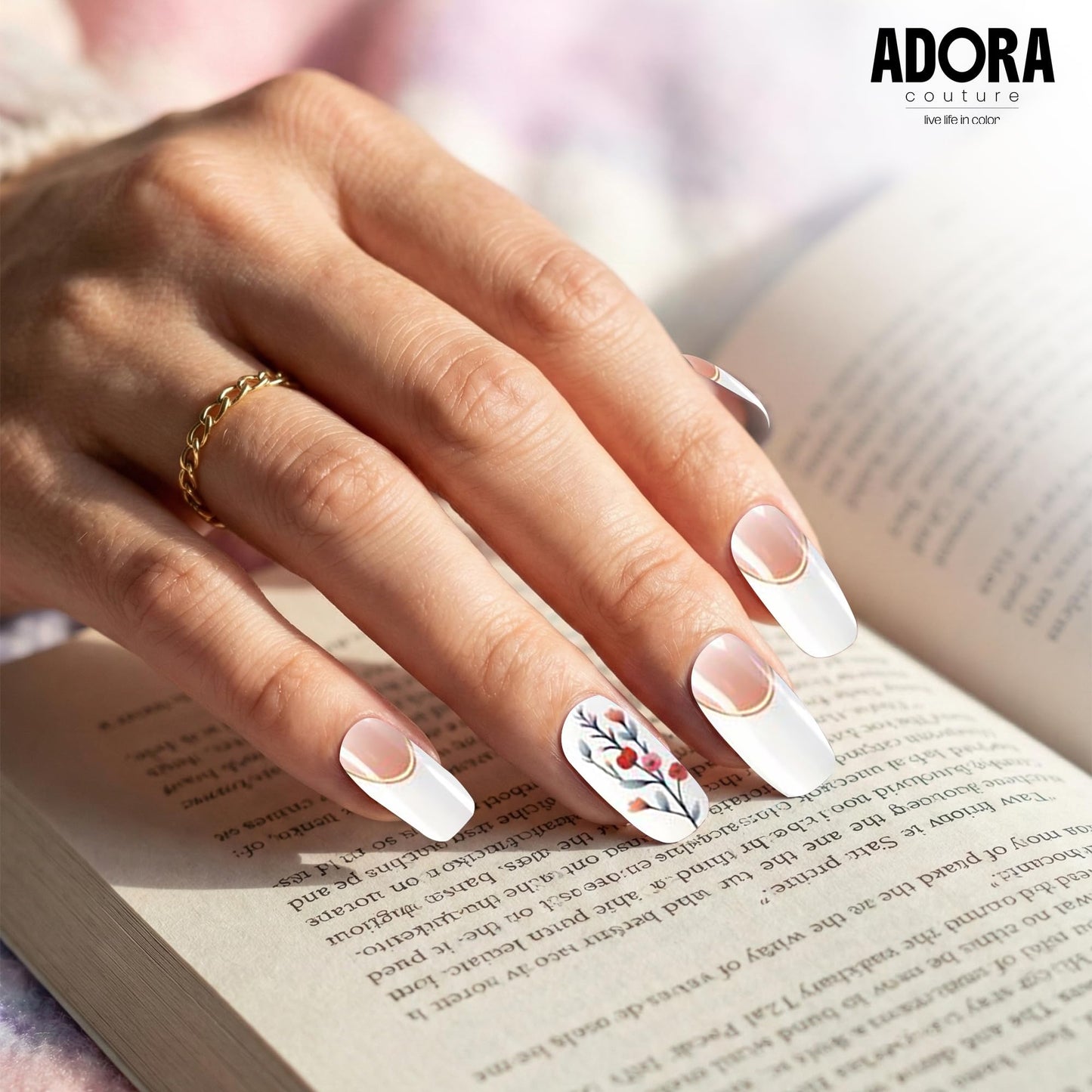 Adora Couture Semi Cured Gel Nail Strips with 30 Pieces - UV Gel Stickers, Manicure Kit, Easy Application Wraps Includes Prep Pads, Nail File, Wooden Stick - UV Light Required (White Botanical)