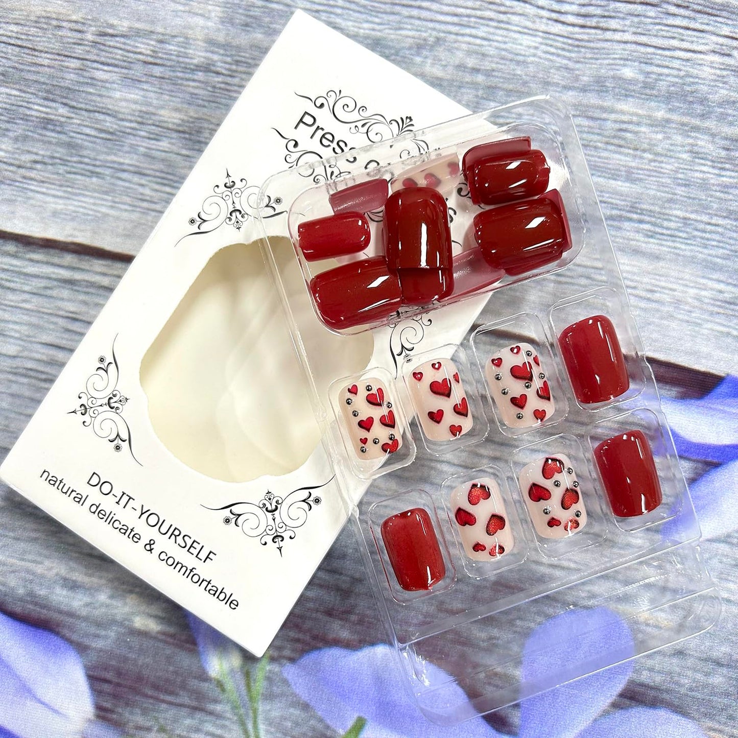 Valentine's Cat Eye Press on Nails Medium Square Red Love Heart 3D Steel Balls Design Valentine's Nails Charm Artificial Nailsl Full Cover Glossy Heart Stick on Nails 24Pcs Glue on Nails for Women