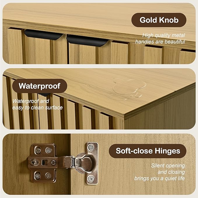 Buffet Cabinet with Storage, Sideboard Cabinet with Fluted Door, Kitchen Buffet Storage Cabinets with Adjustable Shelves, Sideboard Cabinets for Living Room, Entry, Hallway, Natural