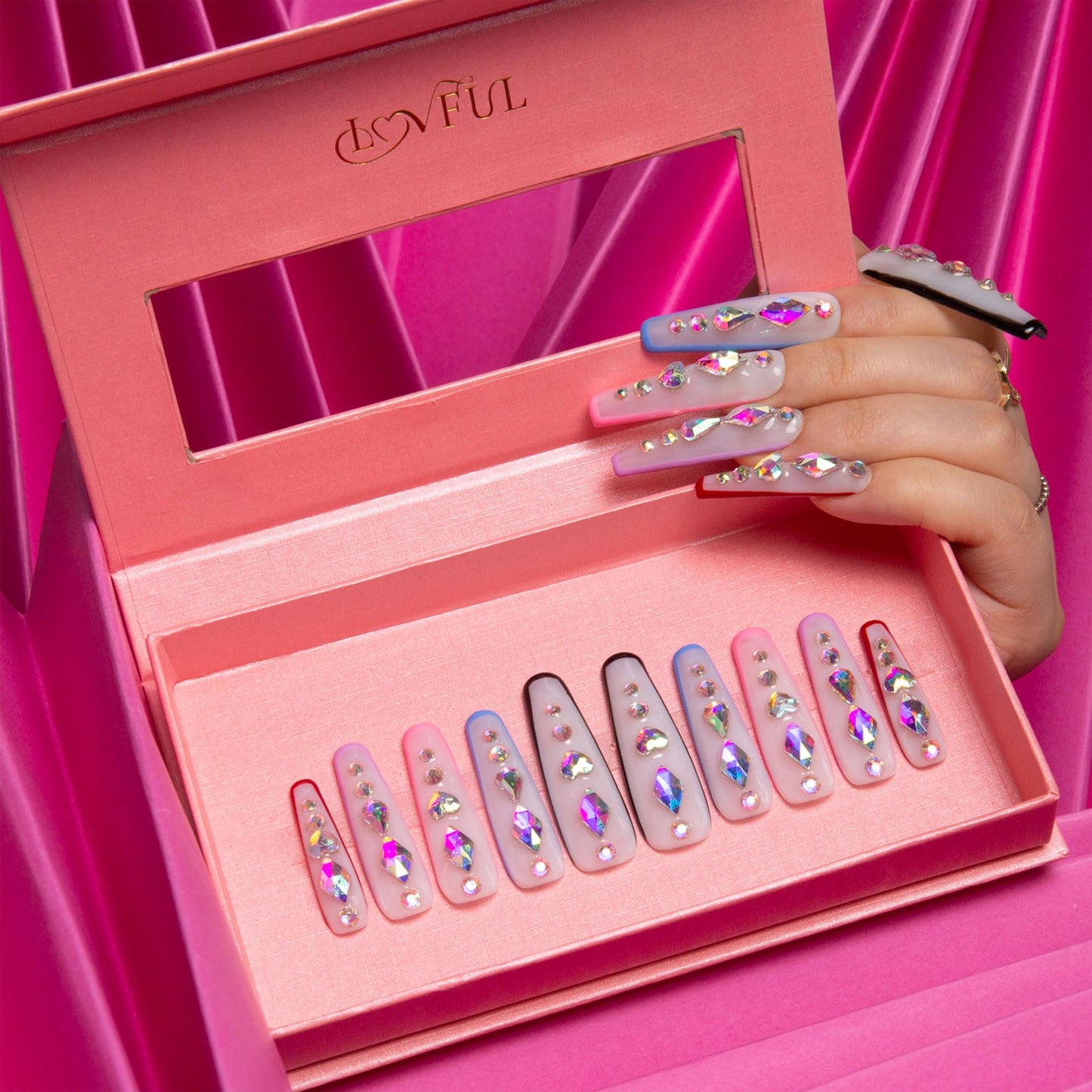LOVFUL Press on Nails Galaxy Colorful French Tip | Handmade with Full Covered Crystals | Reusable Full Cover Nails | Coffin Mid length 1.7 in | H86-L