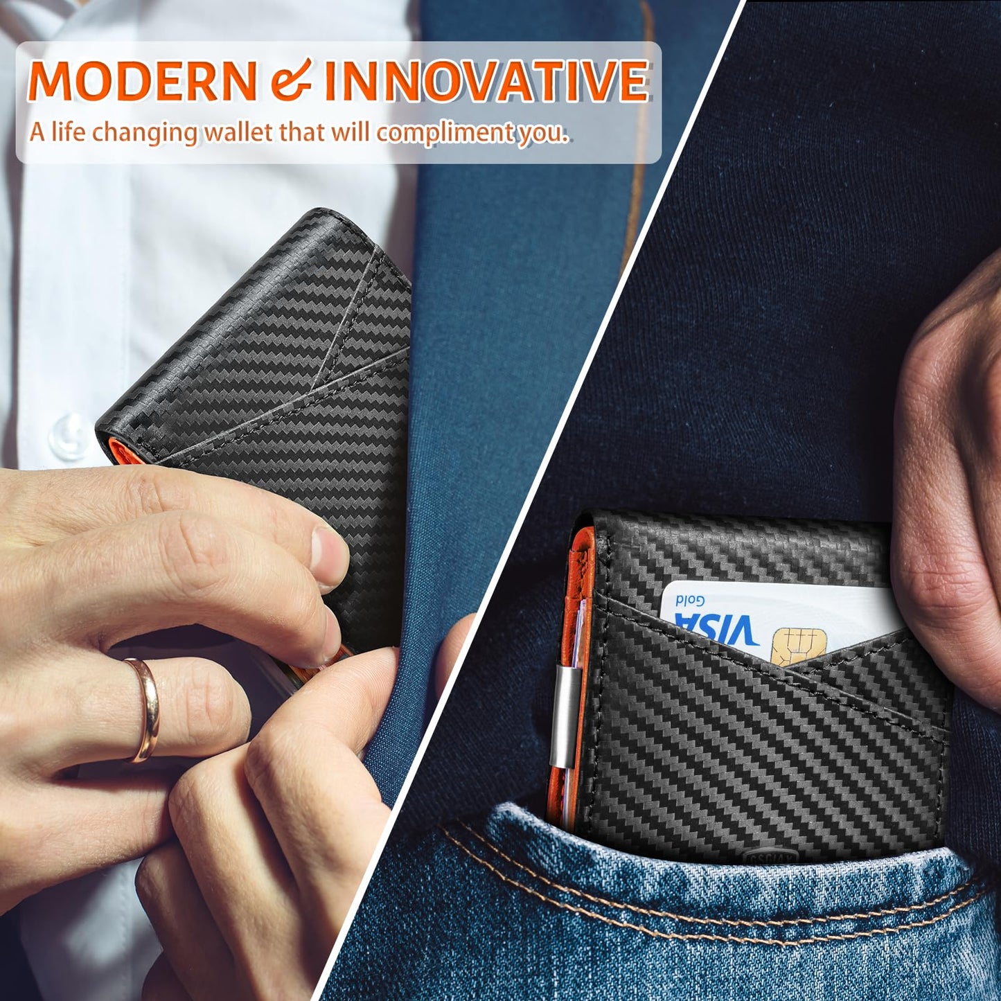GSOIAX Slim Leather RFID Bifold Wallet for Men Minimalist Front Pocket Wallet with Money Clip,12 Card Slots,ID Window,Cool Groove Design,Includes Gift Box (Carbon Orange)