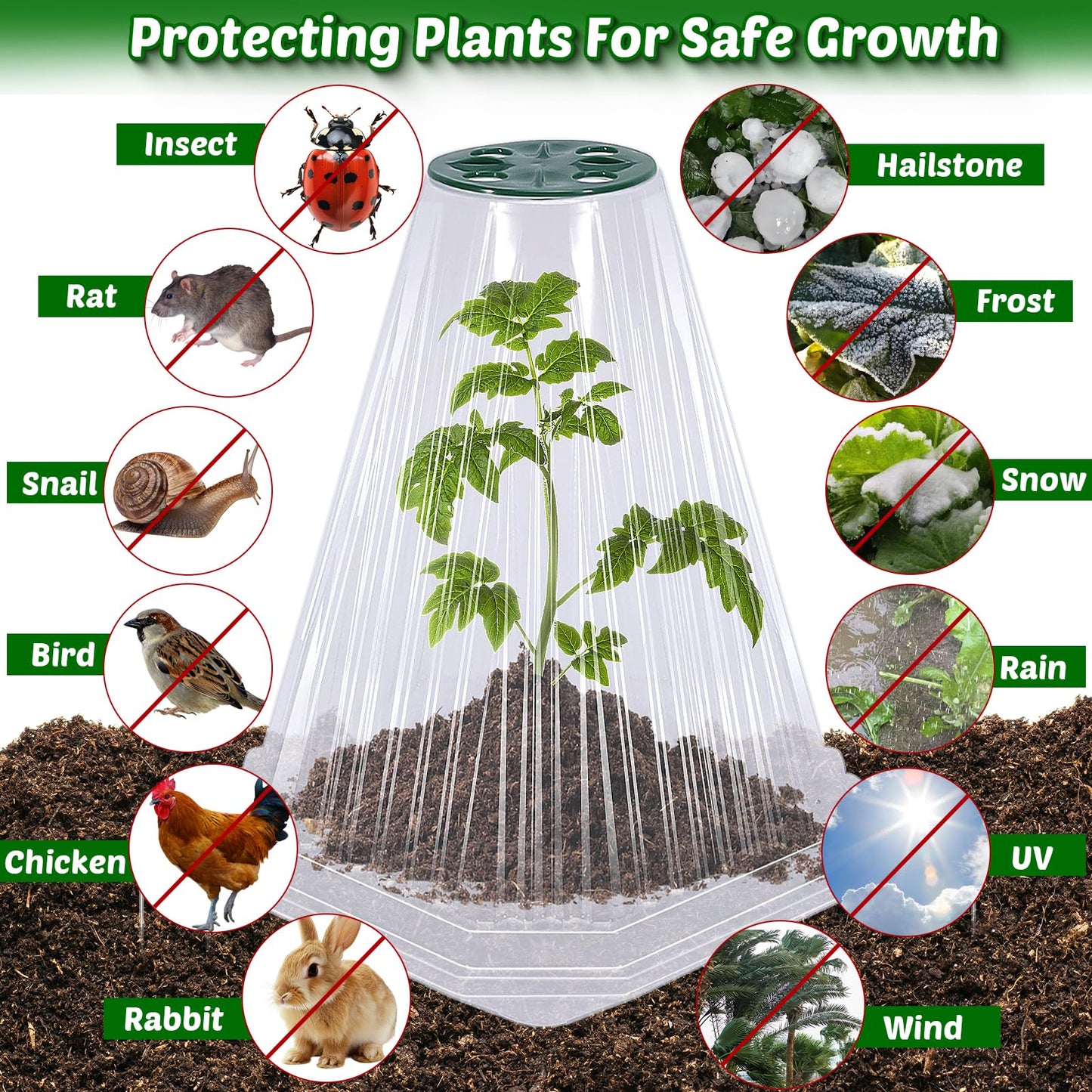 VICAMB 20 Pack Garden Cloches for Plants with 40PCS Ground Stakes,Clear Reusable Bell Covers with Rotatable Vent for Plant Protection,Garden Protector from Animals Birds Chicken,7.9" H X 6.7" D