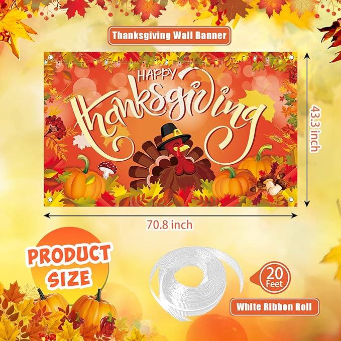 Large Thanksgiving Banner Decorations Outdoor 72x44 Inch,Turkey Maple Leaf Pumpkin Decorations Gifts for Indoor Home House Decor Party Supplies,Yard Sign Background for Photography