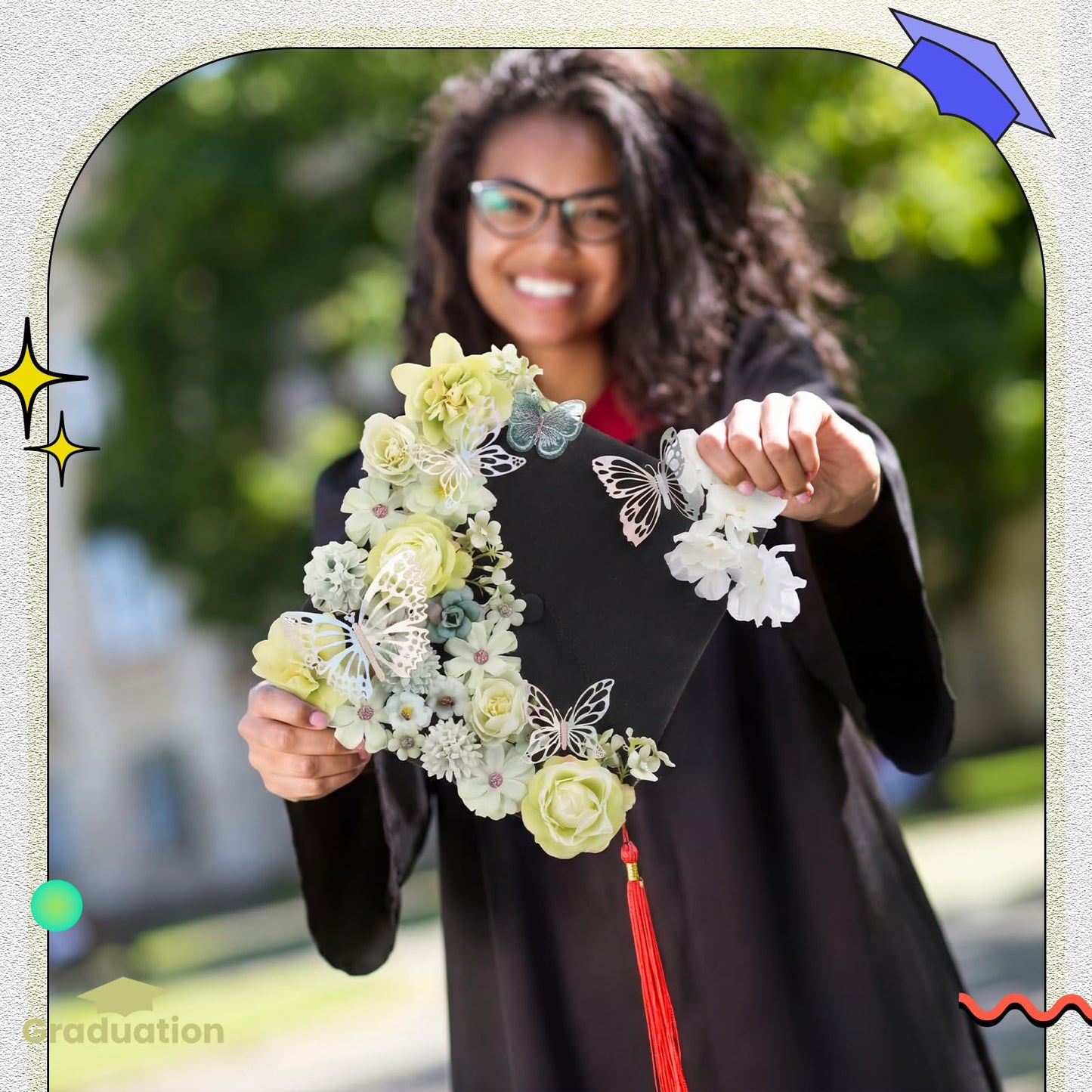 Wavwavw 36 Pcs DIY Graduation Cap Decorations Accessory Kit Include Faux Flower Heads and 3D Glitter Butterfly for Graduation Cap Decoration Home Decor Cake Wreath Craft Decor(Light Green)