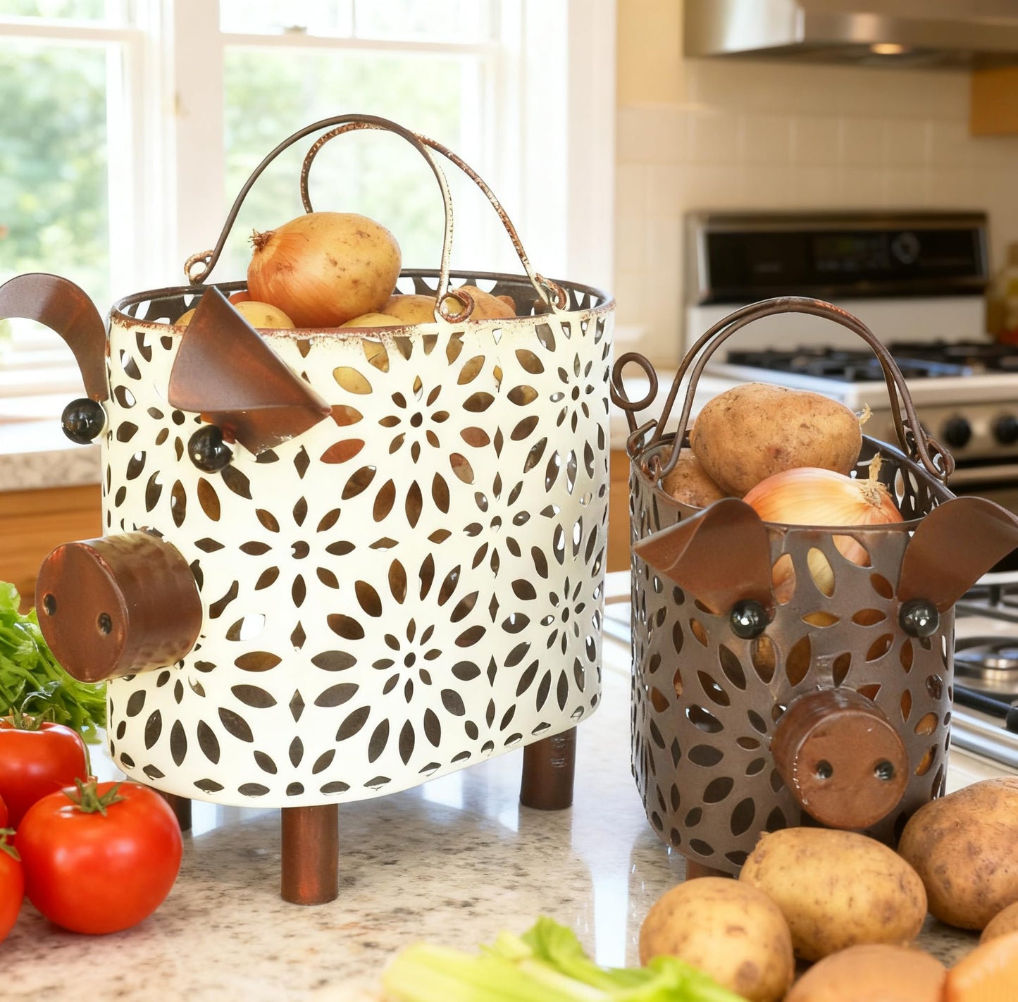 Farmhouse Metal Small Storage Basket Set For Kitchen or Bathroom Pig Decor, 2 Count Stackable Small Basket with Handle