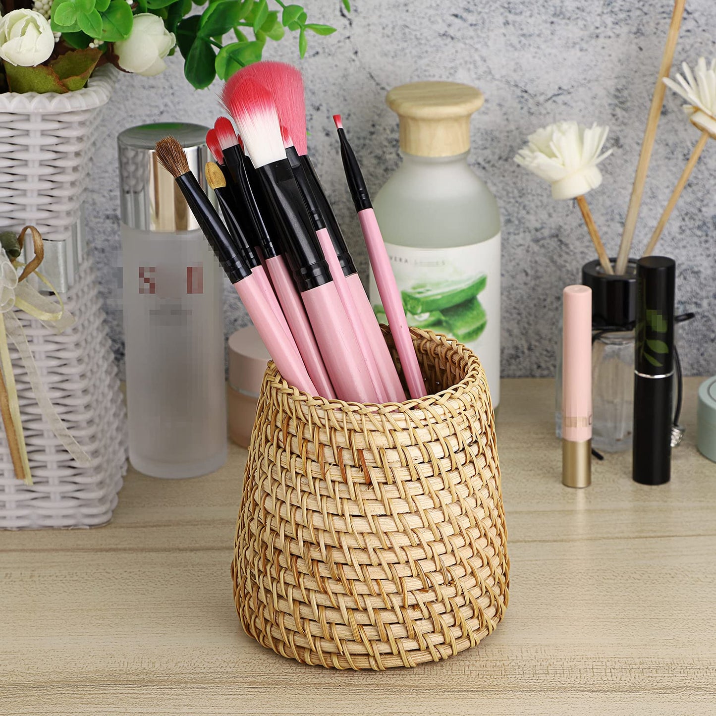 BTSKY Rattan Pen Cup, Handmade Desk Pencil Holders Makeup Brush Holder Multi-Functional Woven Basket Office&Home Desktop Organizer(Cone)