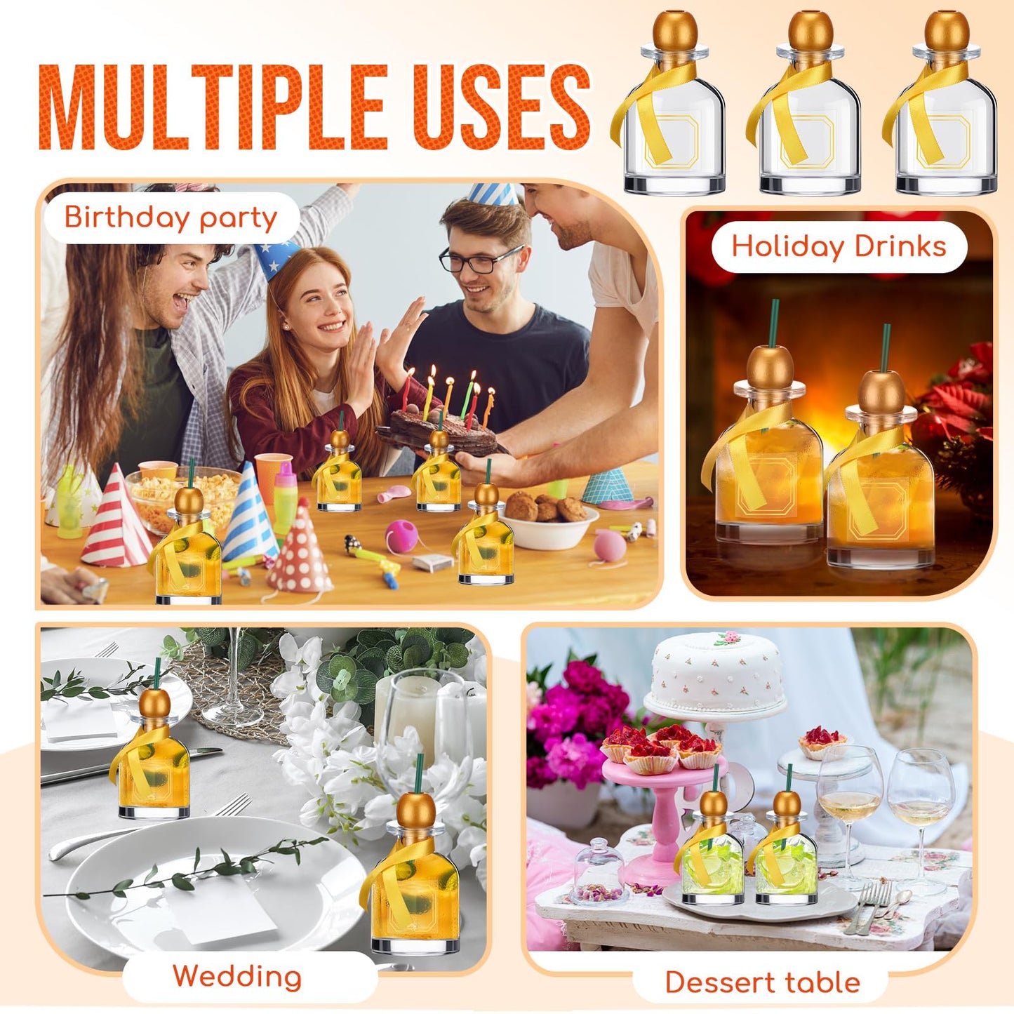 Hushee 12 Pcs Empty Liquor Bottles with Straw Mini Tequila Bottles for Drinks Reusable Shot Glass Cups with Green Ribbon for Wedding Party Favor Personalized Decoration(Gold,50 ml)