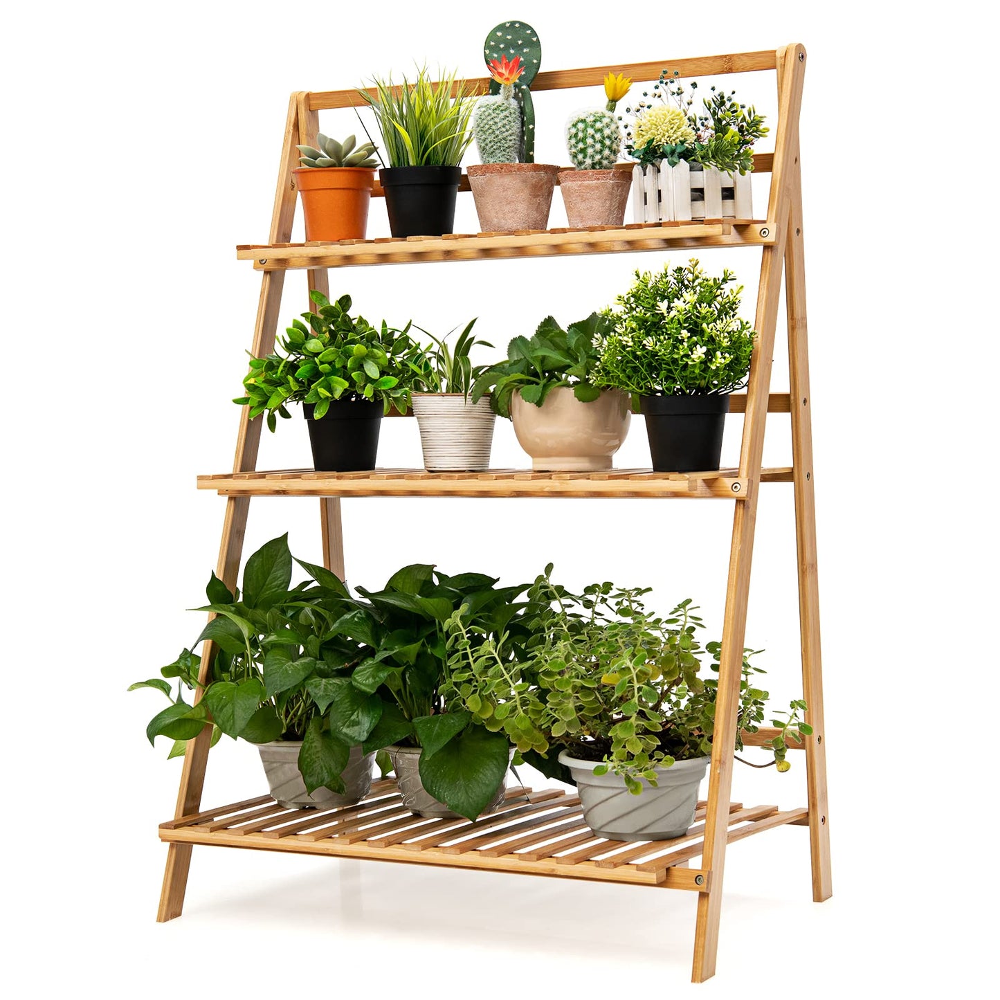 Giantex 3 Tier Folding Storage Shelf, Bamboo Ladder Plant Stand, Multiple Flower Pot Holder Succulent Display Rack, Foldable Shelving Unit for Balcony Garden Living Room Indoor Outdoor