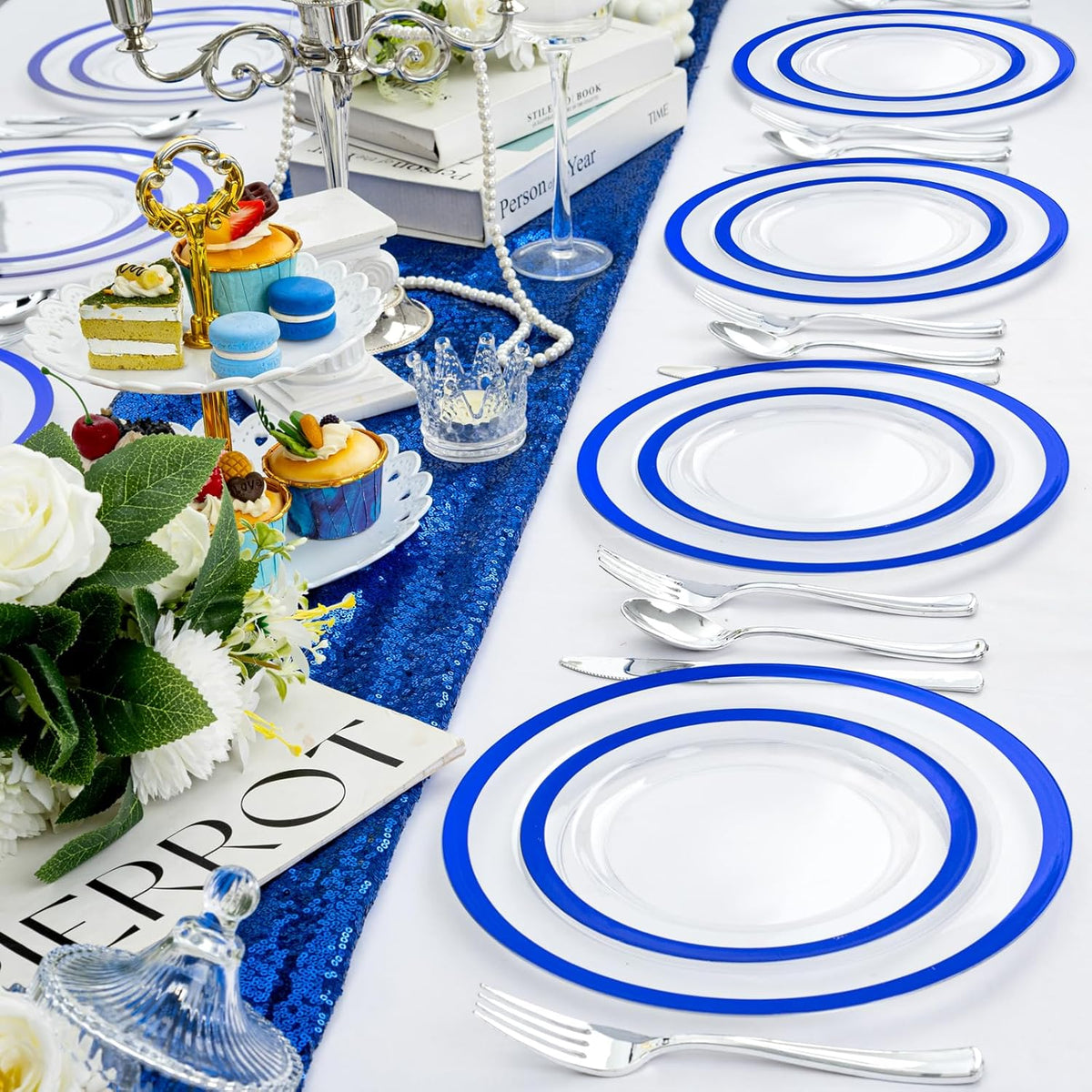 U-QE 200pcs Royal Blue Plastic Plates - Clear Disposable Plates Heavy Duty - Includes 100 10" Dinner & 100 7" Dessert Plates for Party, Birthday