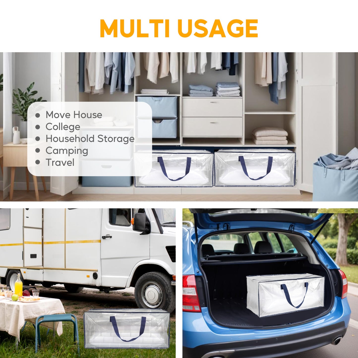 HealSmart 6 Pack Extra Large Moving Bags with Zippers & Carrying Handles, Heavy-Duty Storage Tote Moving Boxes for Dorm Room Essentials Storage Bags, Clear