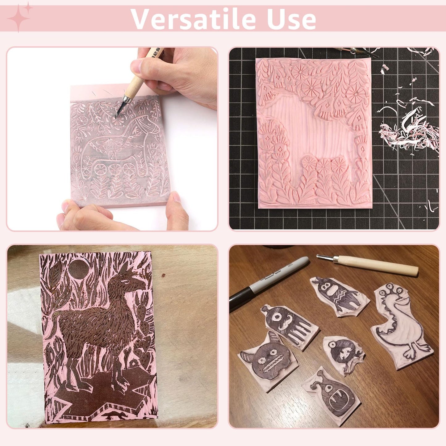 DIRBUY 10 Pack Rubber Stamp Making Kit - Block Printing Kit,Linoleum Carving Tools with 8 Type Blades, 8 Pcs Pink Rubber Carving Block and Rubber Brayer Roller