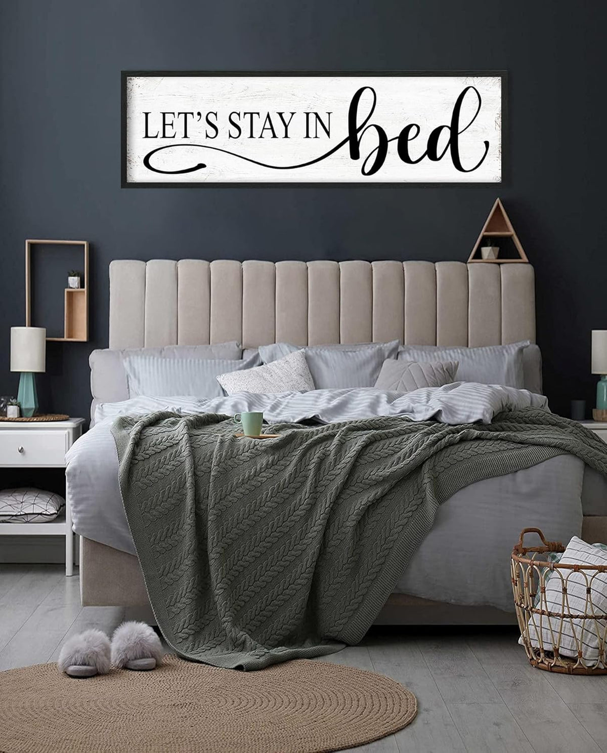 Let's Stay in Bed Wall Decor: Family Bedroom Signs Wall Decor Above Bed Framed Modern Farmhouse Rustic Wall Signs Hanging Plaques Master Bedroom Aesthetic Minimalist Wall Art 12" x 40"