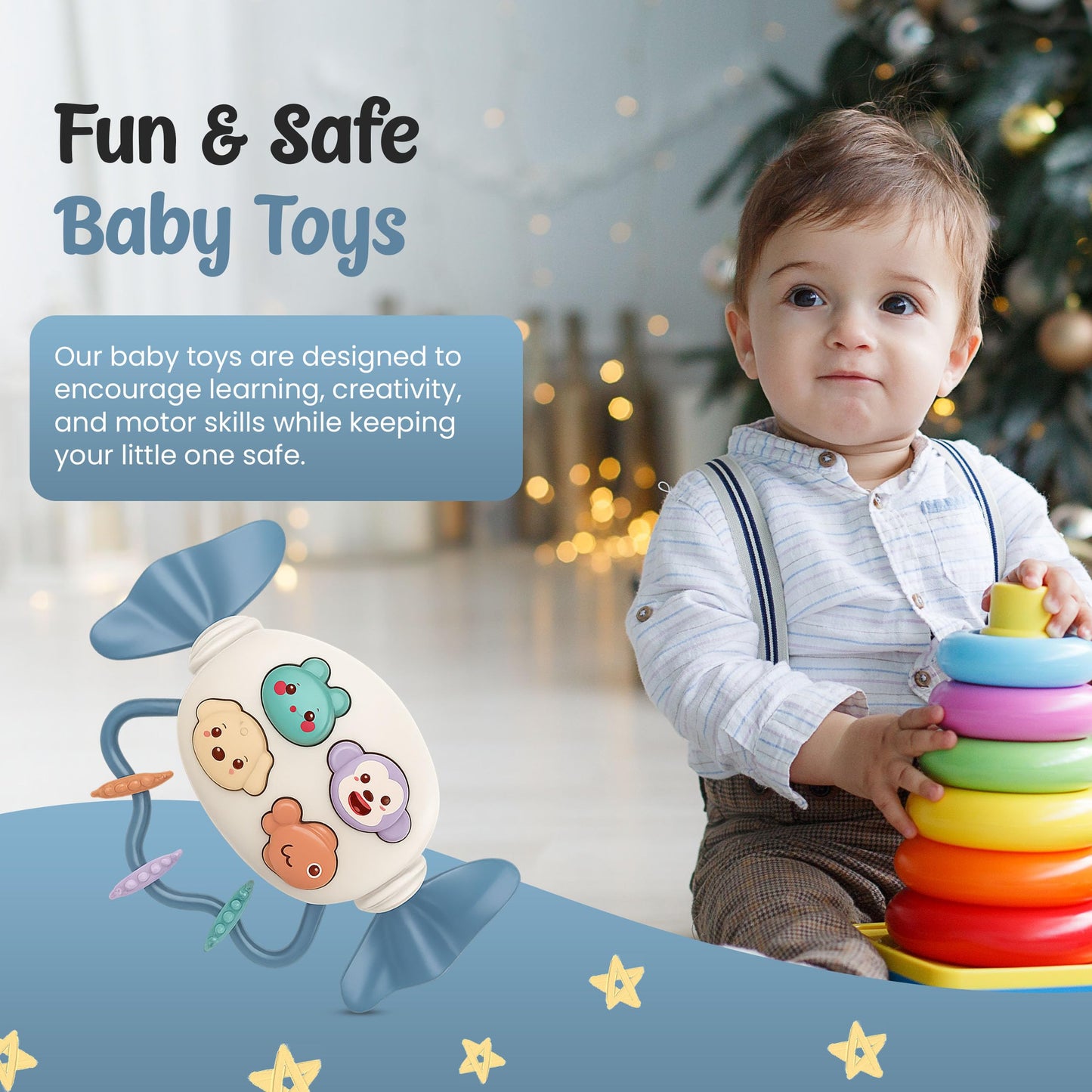 Rattle Teether (2 in 1) Candy Shape with Animals Theme, Musical Learning and Lighting, BPA-Free, Safe Chewable, Soothing Toy, Best for Infants, Baby Shower, Birthday Gift (Blue)