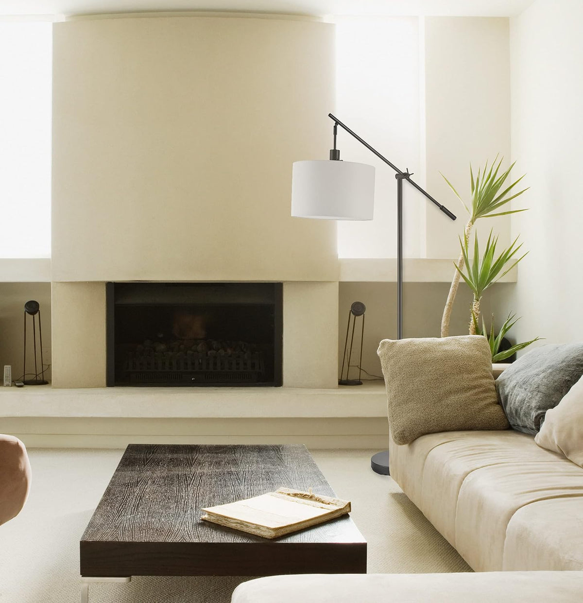 GLOBE Electric 67525 Avellino 66" Floor Lamp, Matte Black, White Linen Shade, Stepless Rotary Dimmer Switch on Socket