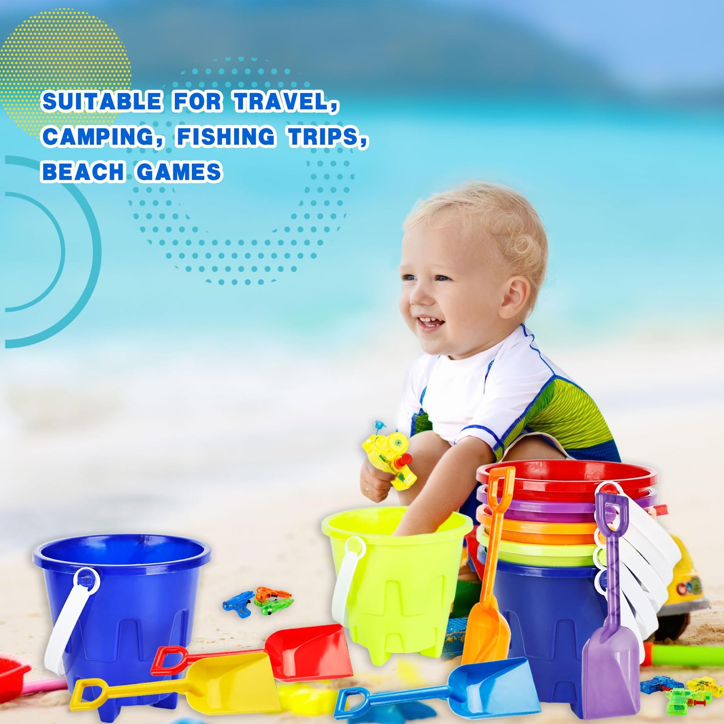 30 Pack Sand Castles 5 Inch Beach Buckets and Shovel Set Including 10 Plastic Buckets 10 Sand Shovel Sand Pail Bulk with10 Water Gun for Kids Summer Seaside Beach Pool Party