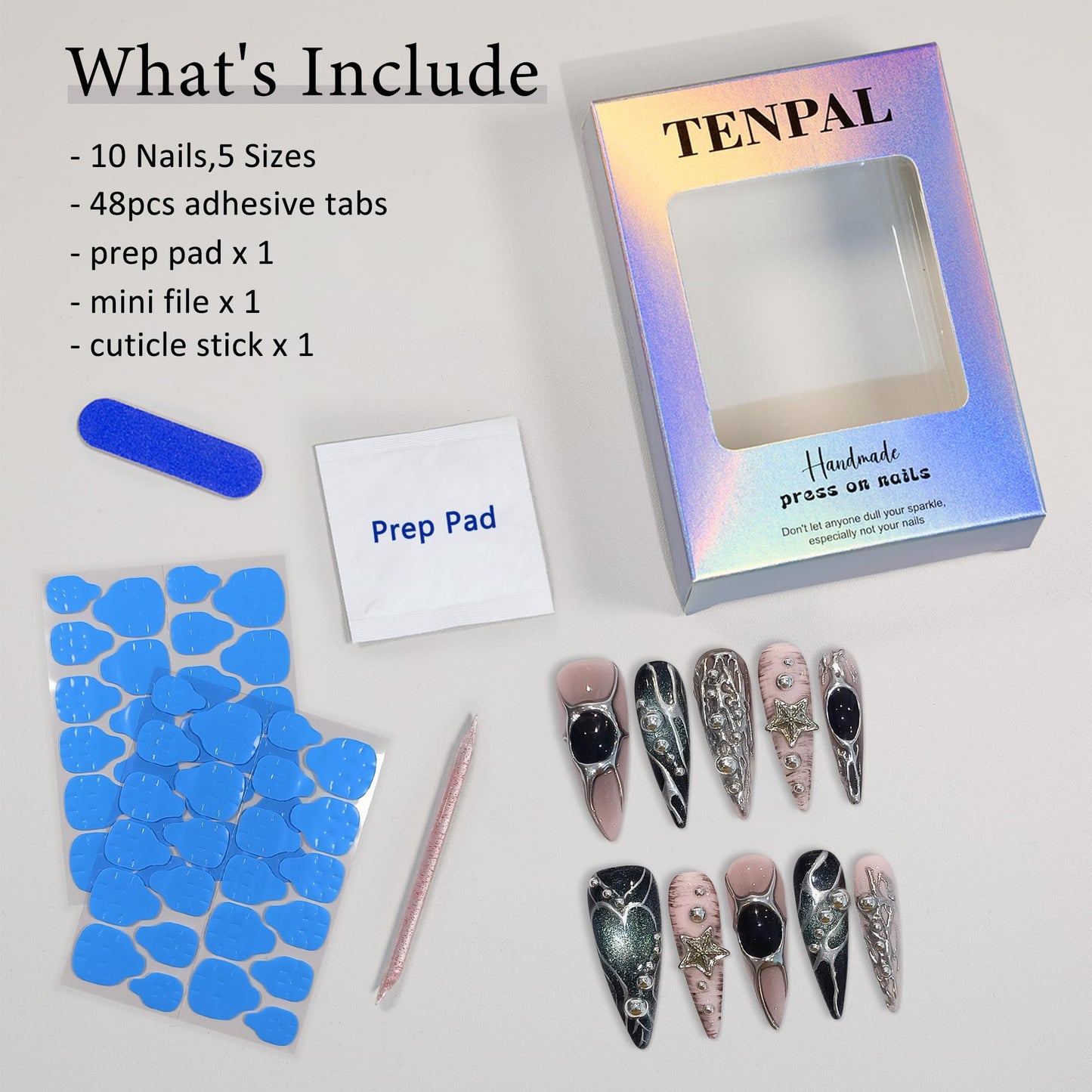 TENPAL Pink Black Press on Nails Long Stiletto,Metal Gothic Fake Nails with Punk Stars Beads,Cat Eye Glitter Edgy Y2K Ins False Nails with Tools,Sweet Grunge Irregular 3D Handmade Nails 10pcs(S)