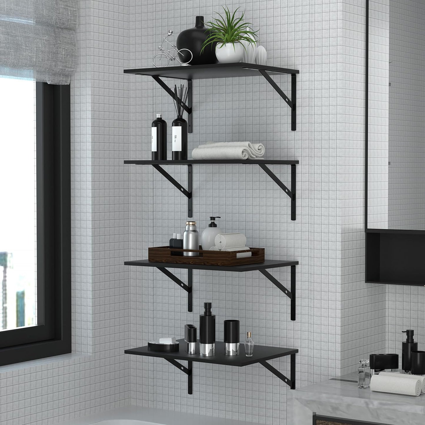 Deep Floating Wall Shelves - 4 Sets of 12 Inch Wide Black Wood Shelves for Bathroom, Bedroom, Kitchen, Living Room