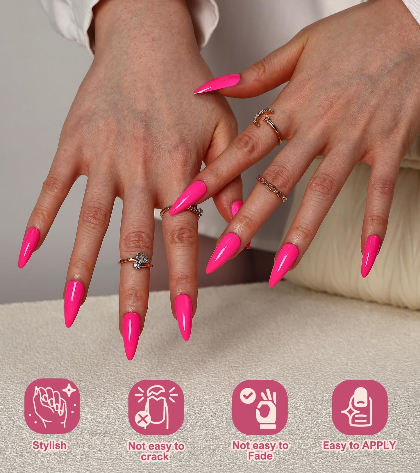 Morily Press-On Nails Bundle | Black Stiletto Matte & Hot Pink Stiletto Glossy | 24Pcs Each Set, Medium Length Long False Fake Nails