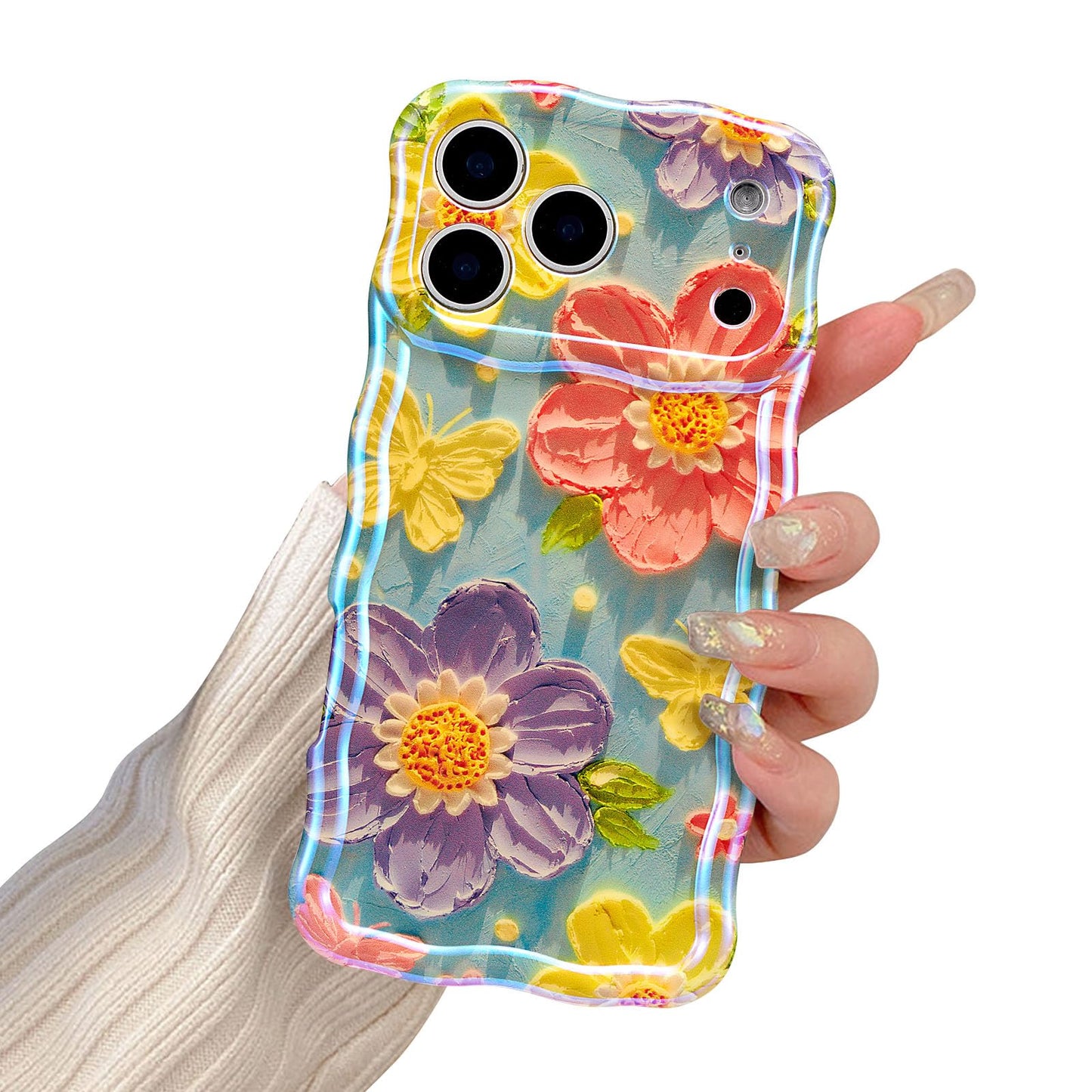 EYZUTAK Case for iPhone 17 Pro, Colorful Retro Oil Painting Flower Laser Glossy Pattern Cute Curly Wave Edge Exquisite Phone Cover Stylish Durable TPU Protective Case for Women - Butterfly Flower