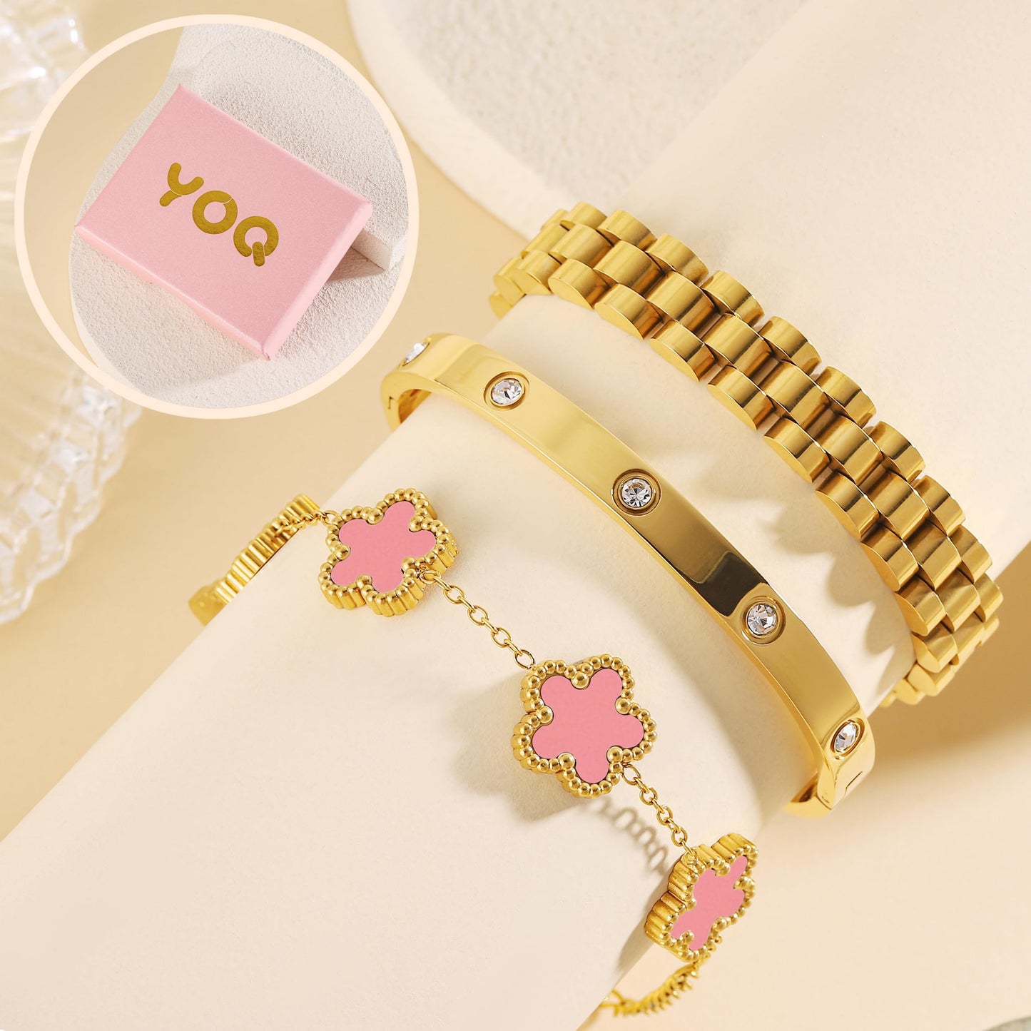 YOQ Stackable Four Leaf Clover Bracelets for Women, 18K Gold Plated Love Bangle Bracelets Set, 3 Pcs Charm Jewelry Gifts (Pink)