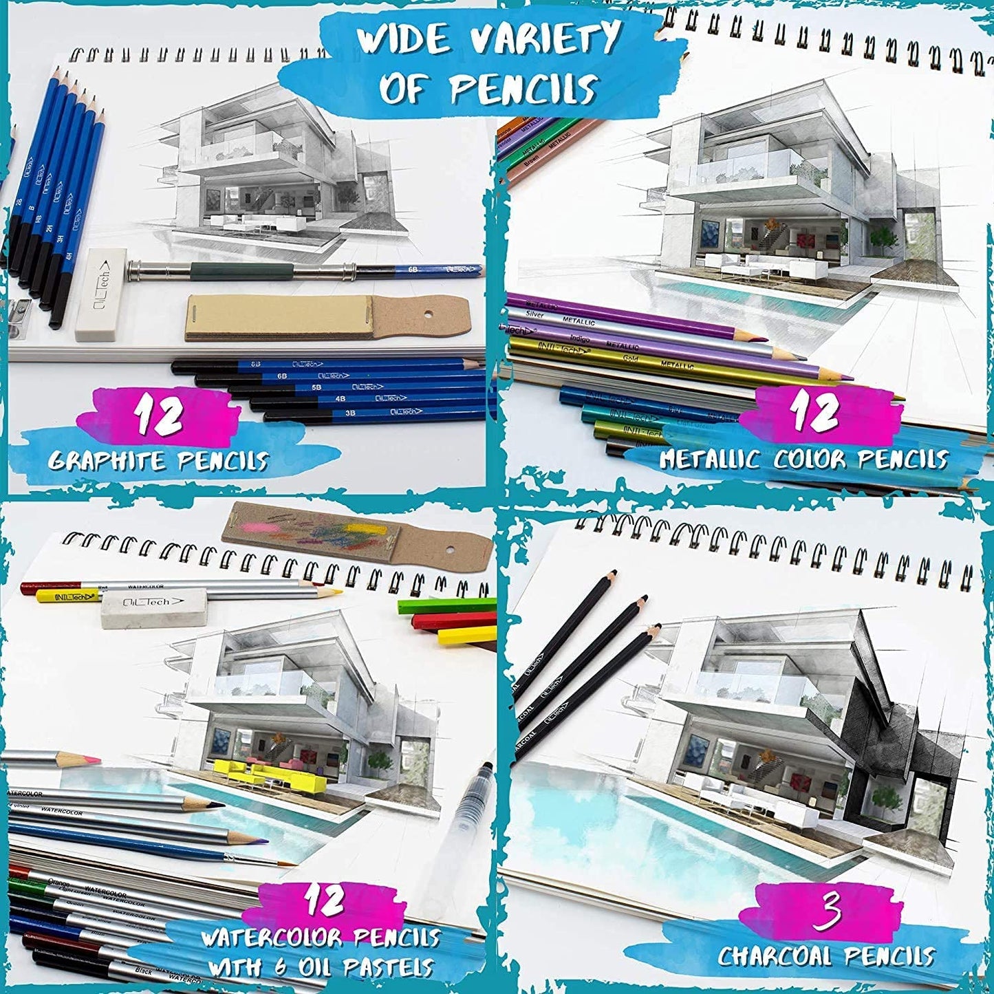 NIL - TECH 55-Piece Drawing Pencil Set – Colored, Graphite & Charcoal Pencils with Case & eBook – Art Supplies Kit for Beginners, Students & Adults – Sketching, Shading & School Gift Set