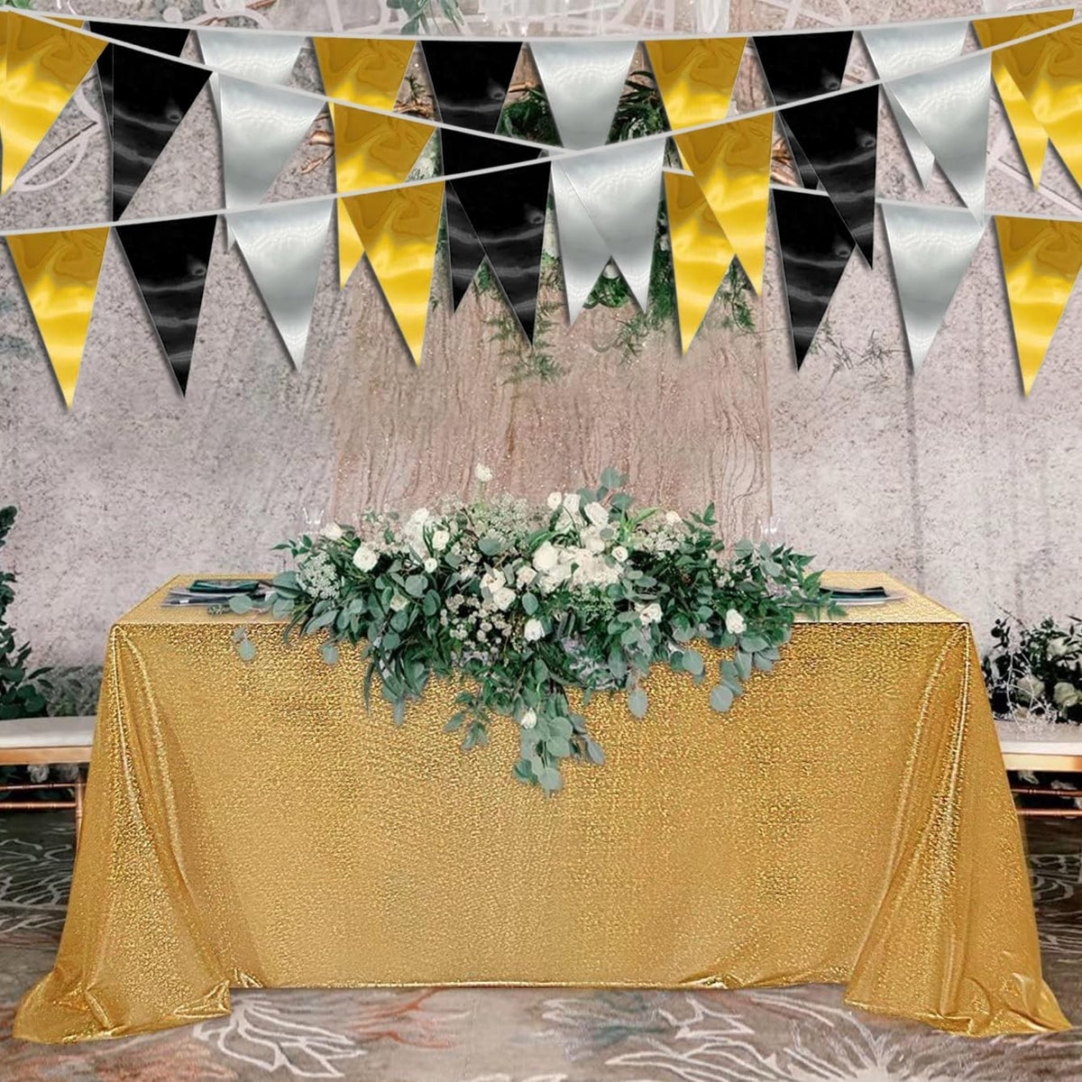 20M/65FT Black Gold Silver Triangle Pennant Banner Flag Metallic Fabric Bunting Garland for Christmas Wall Hanging,Graduation Decorations, New Years Decorations,Father' Da