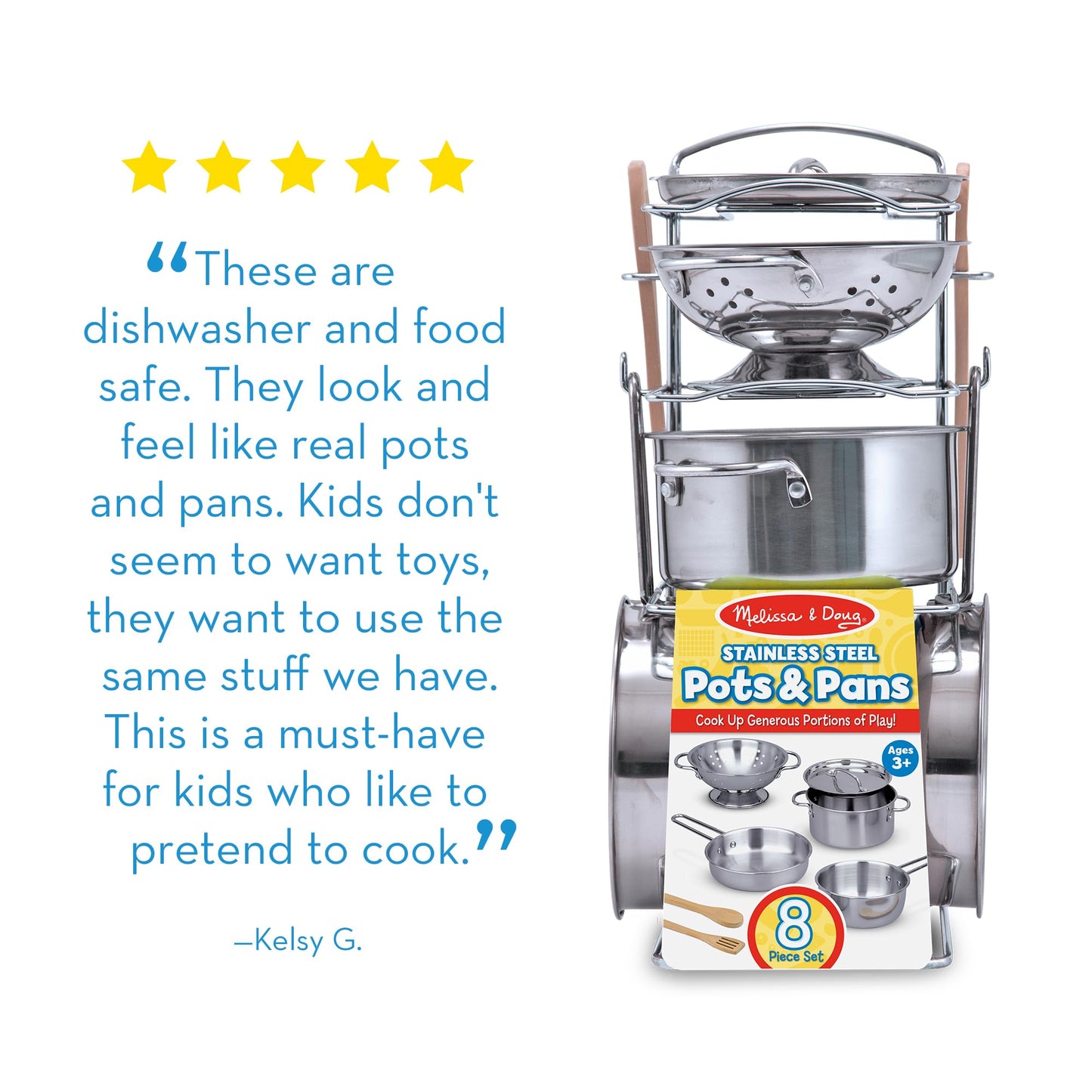 Melissa & Doug Stainless Steel Pots & Pans, 8 Piece Play Kitchen Set, Premium Play Kitchen Accessories & Cooking Utensils, Preschool Toys for Kids 3+
