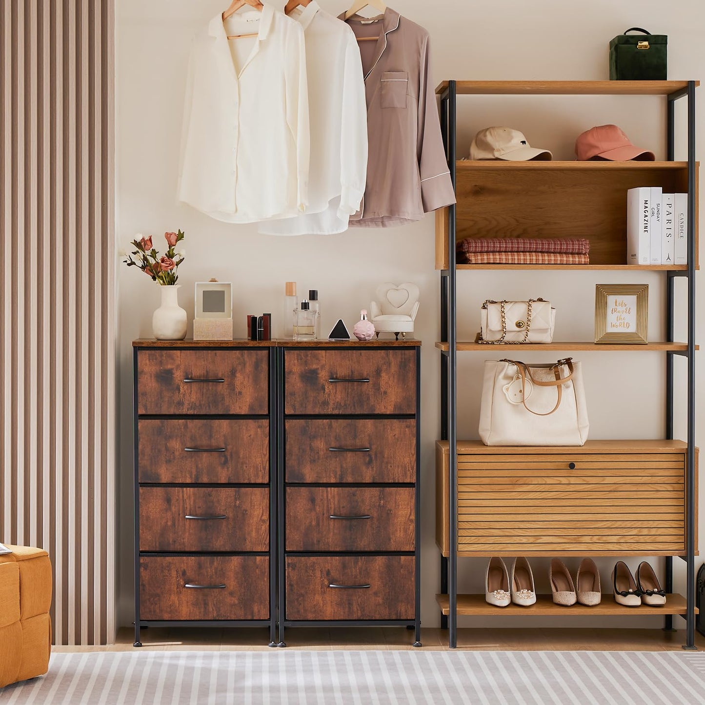 Sweetcrispy 4 Drawer Dresser, Fabric Storage Tower Organizer with Sturdy Steel Frame and Wood Top, Easy Pull Handles, for Bedroom, Closet, Entryway, Hallway, Brown